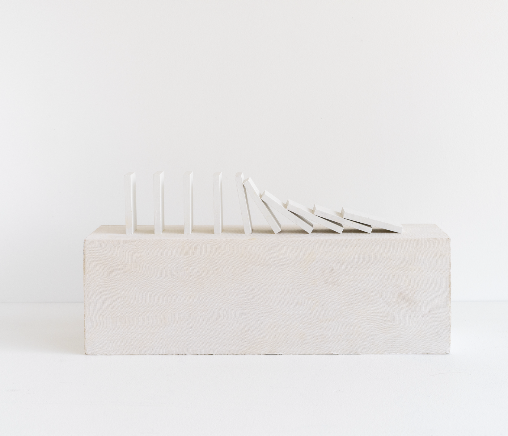 Eric Oglander, Sixth stops time, 2024, plywood, fabric from t-shirt, poplar, enamel paint, 15 x 7 ⅜ x 4 ⅝ inches