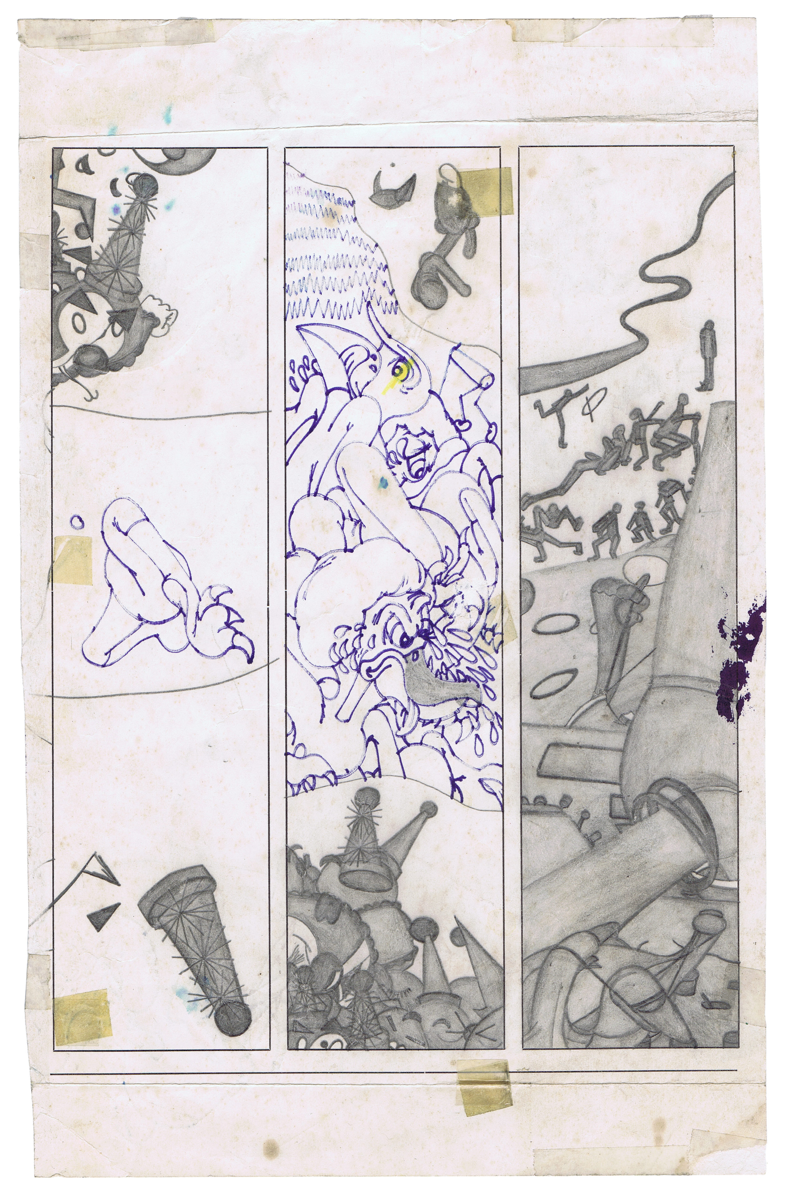 Susan Te Kahurangi King, Untitled, c. 1965-1975, graphite and ink on found paper (3-column editing template, Cranwells Publishing Co), 12 ⅜ x 7 ¾ inches