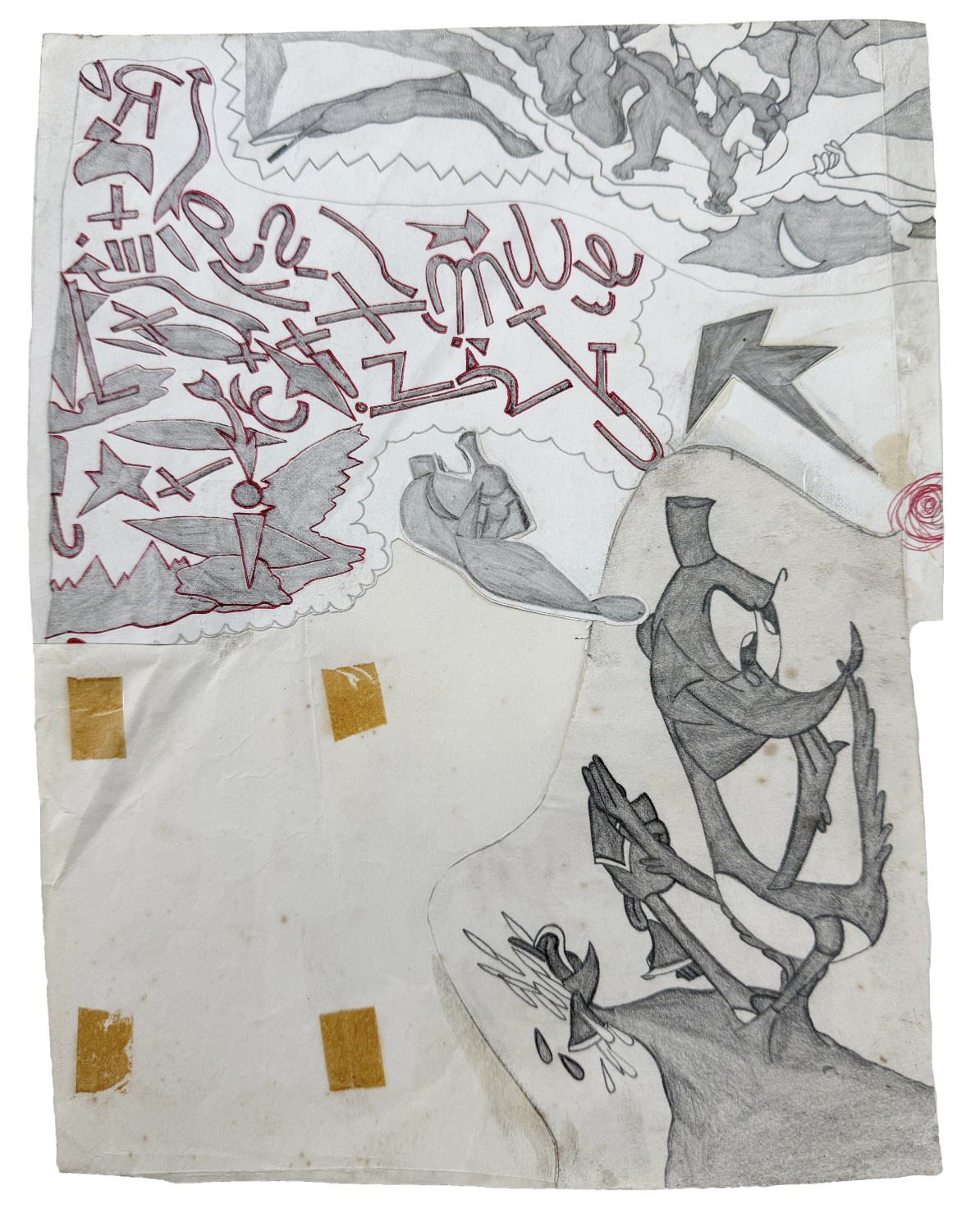 Susan Te Kahurangi King, Untitled, c. 1965-1975, graphite and ink, scrapbooked by Myrtle Murphy, King’s grandmother, 10 ¾ x 8 ½ inches