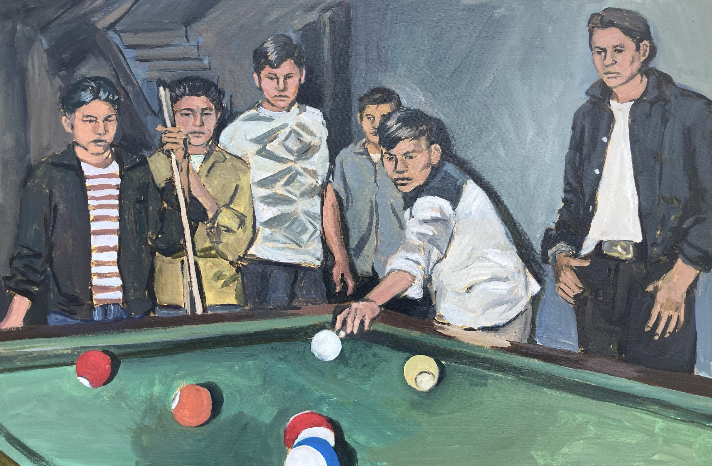 Marcus Dunn, Pool Hall, 2025, acrylic on canvas, 24 x 36 inches
