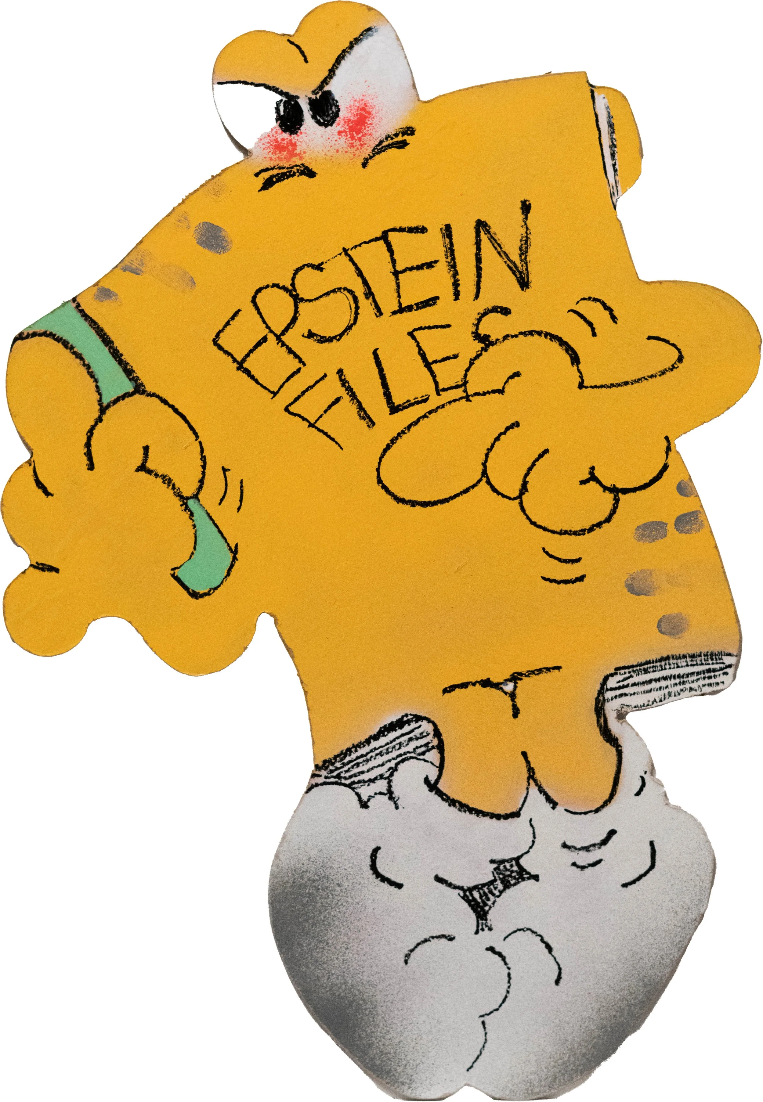 FRKO, Epstein File, 2026, spray paint, acrylic, oil paint stick, masonite, 23 x 16 ¼ inches