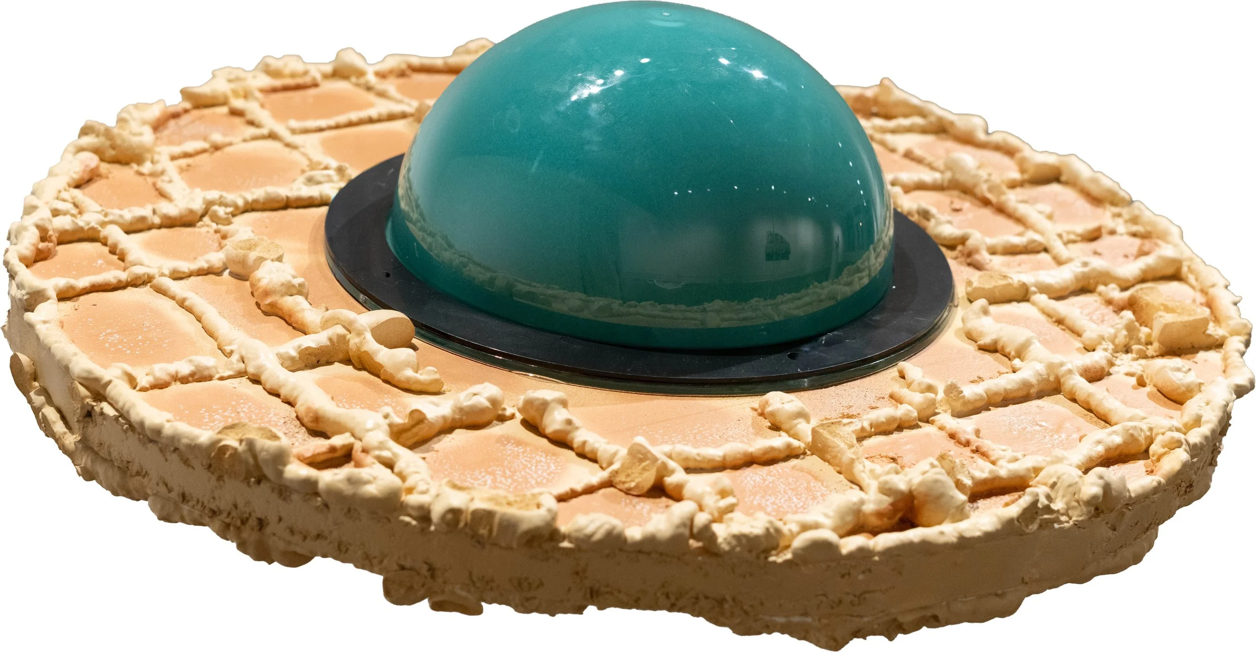 FRKO, Flying Waffle Saucer, 2026, foam core, spray foam, plastic, glue, spray paint, 24 x 24 x 6 inches