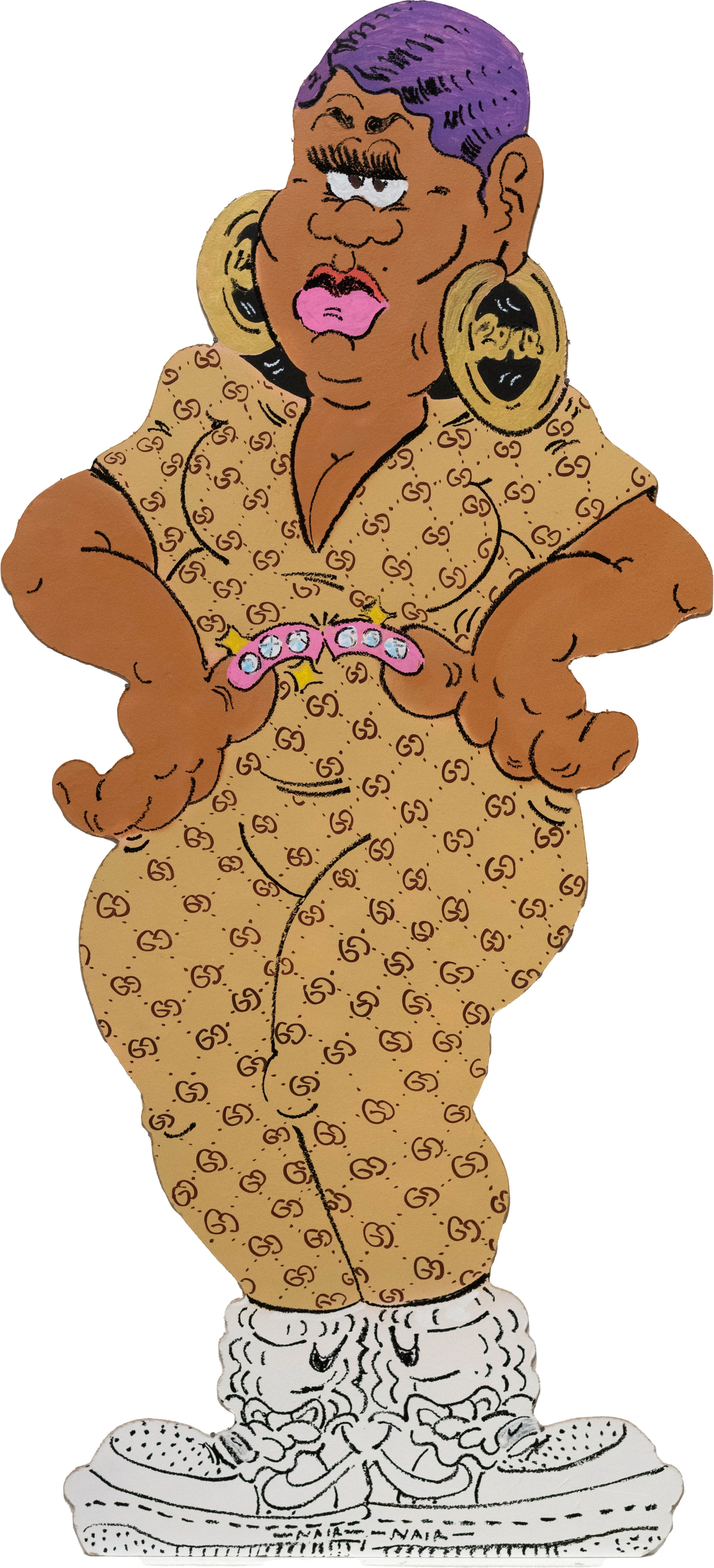 FRKO, Line Street Lene For Gucci, 2026, spray paint, acrylic, oil paint stick, masonite, 47 ⅞  x 21 ¾ inches