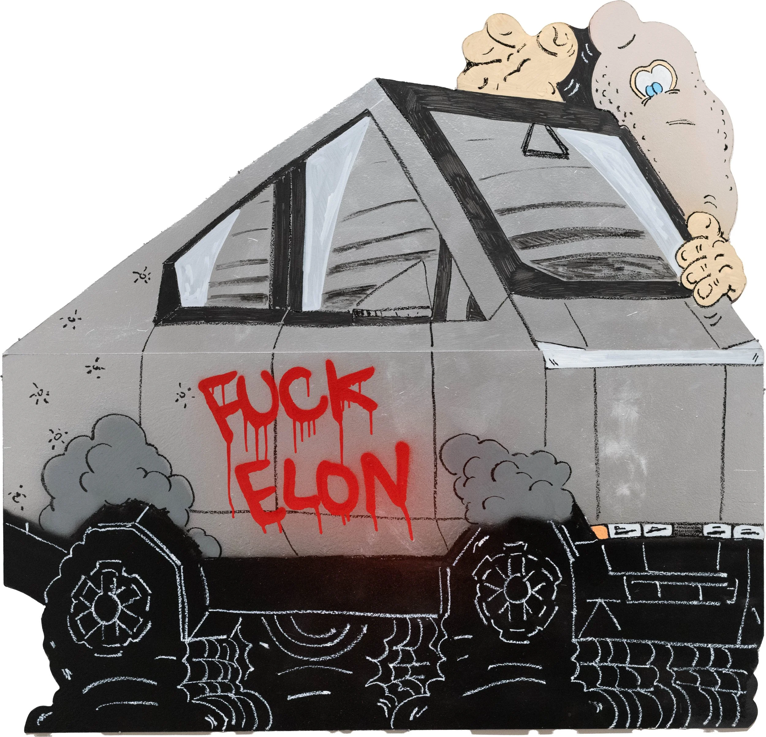 FRKO, Rubber Man In Cyber Truck, 2026, spray paint, acrylic, oil paint stick, masonite, 45 ⅞  x 48 inches