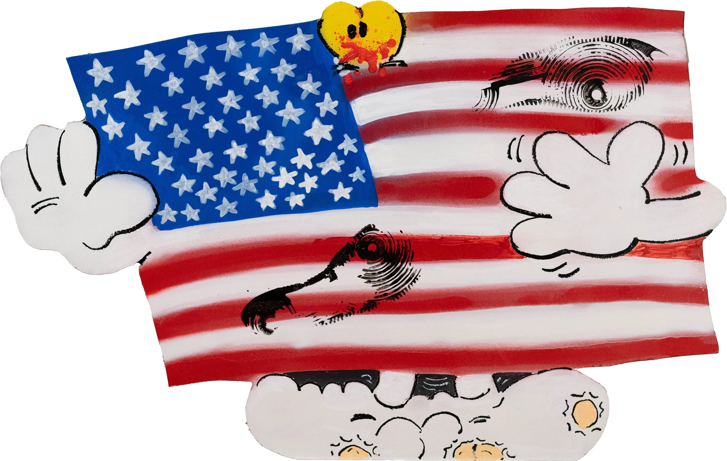 FRKO, Pledge Of Allegiance, 2026, spray paint, acrylic, oil paint stick, masonite, 23 ⅞  x 37 ¼ inches