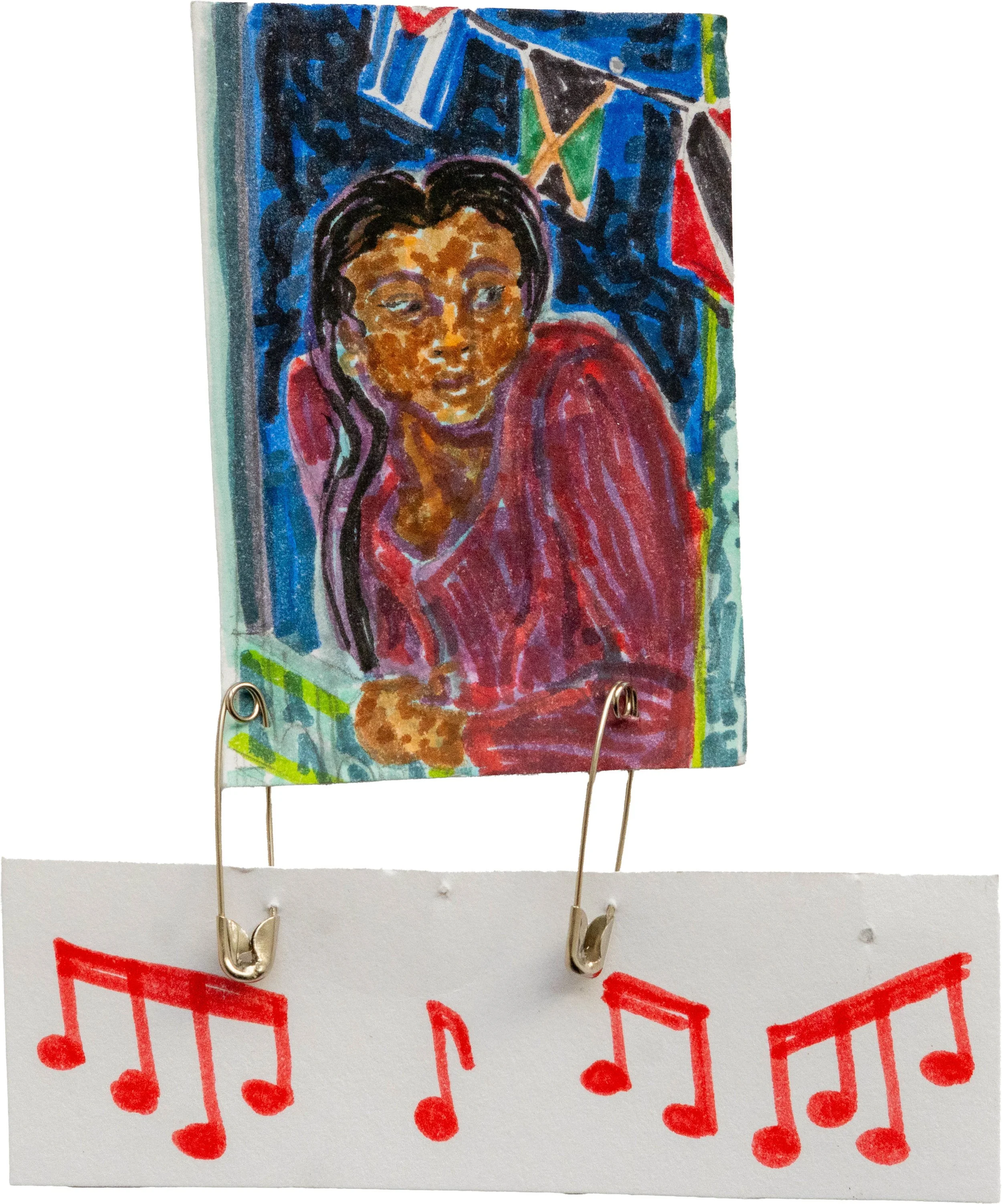 Ezekiel Robinson, Response, 2026, marker on paper, safety pins, 3 ½ x 4 inches