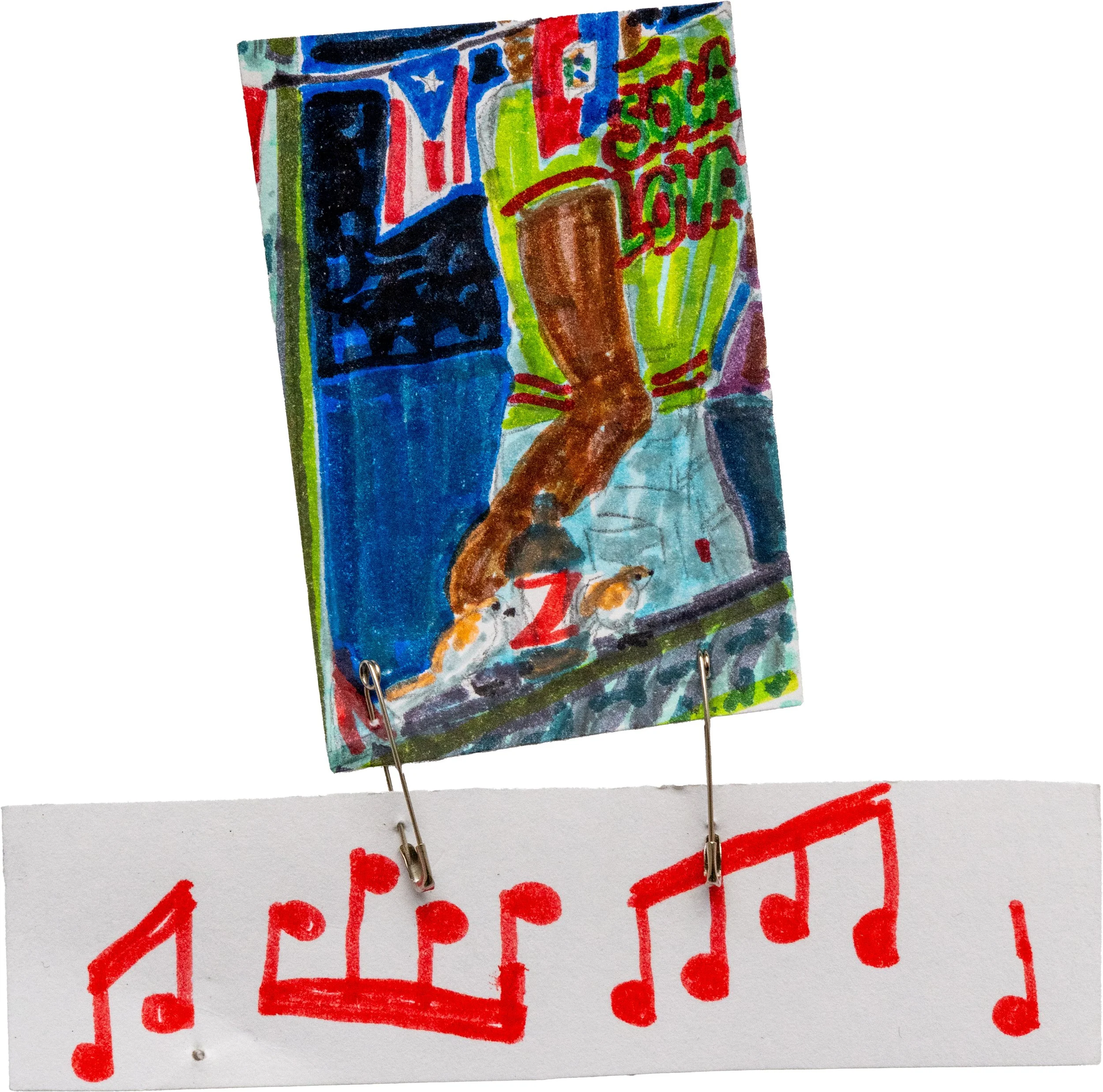 Ezekiel Robinson, Call, 2025, marker on paper, safety pins, 4 x 4 inches