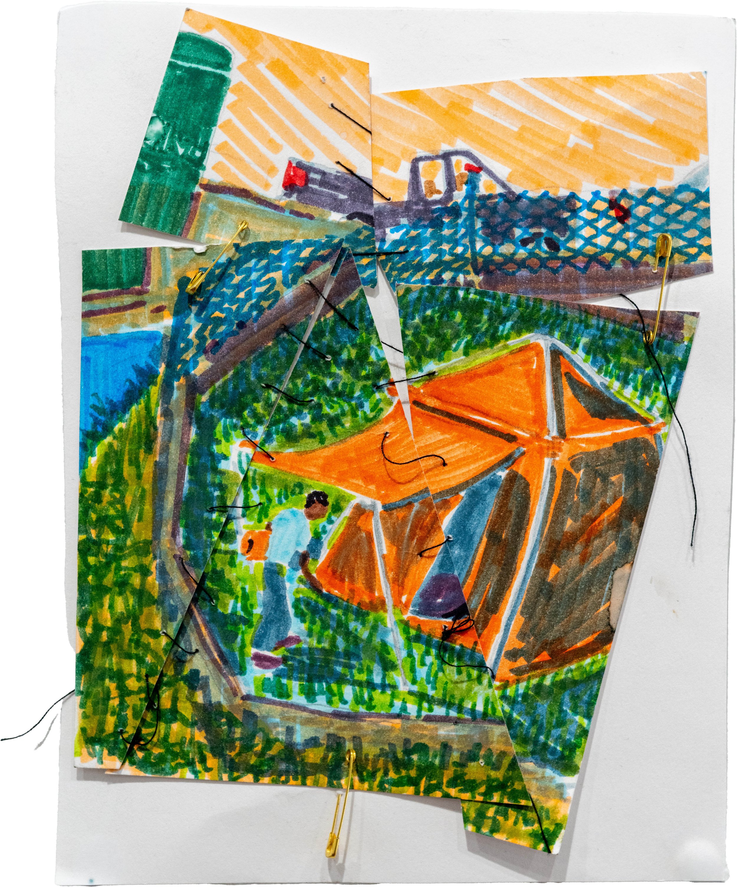 Ezekiel Robinson, Exit, 2026, marker on paper, safety pins, thread, 5 ¼ x 6 ¾ inches