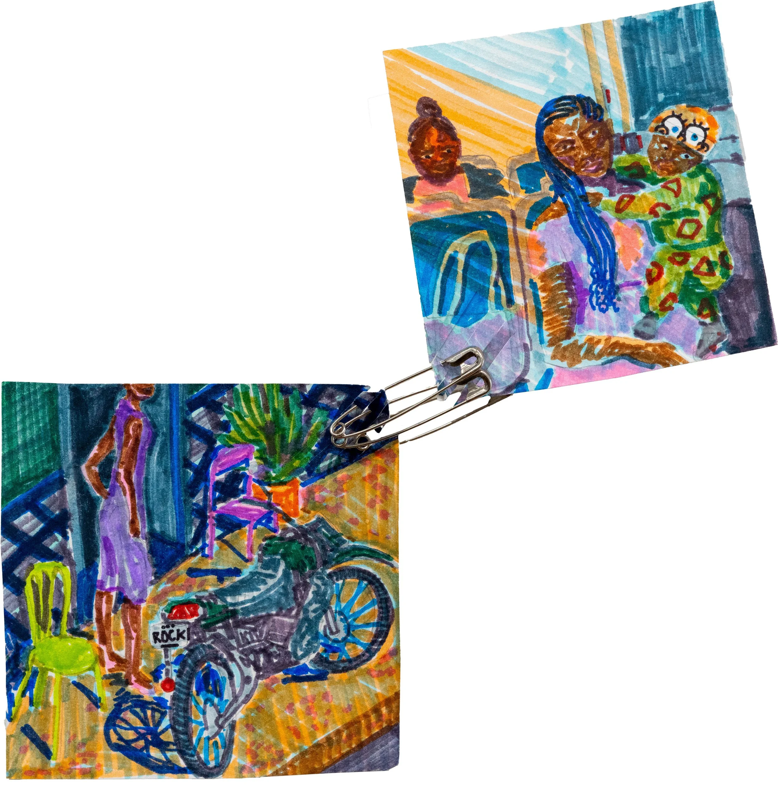 Ezekiel Robinson, Twin Sister, 2026, marker on paper, safety pins, 9 ¼ x 9 ¼ inches