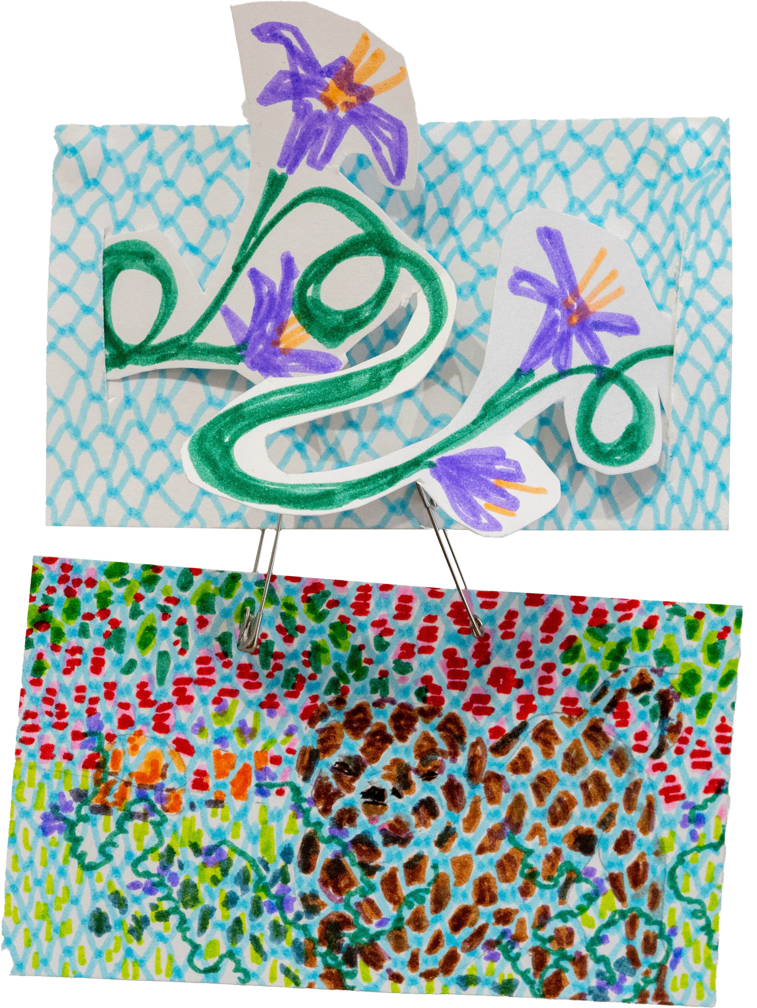 Ezekiel Robinson, Route 9, 2025, marker on paper, safety pins, 4 ¼ x 5 ½ inches