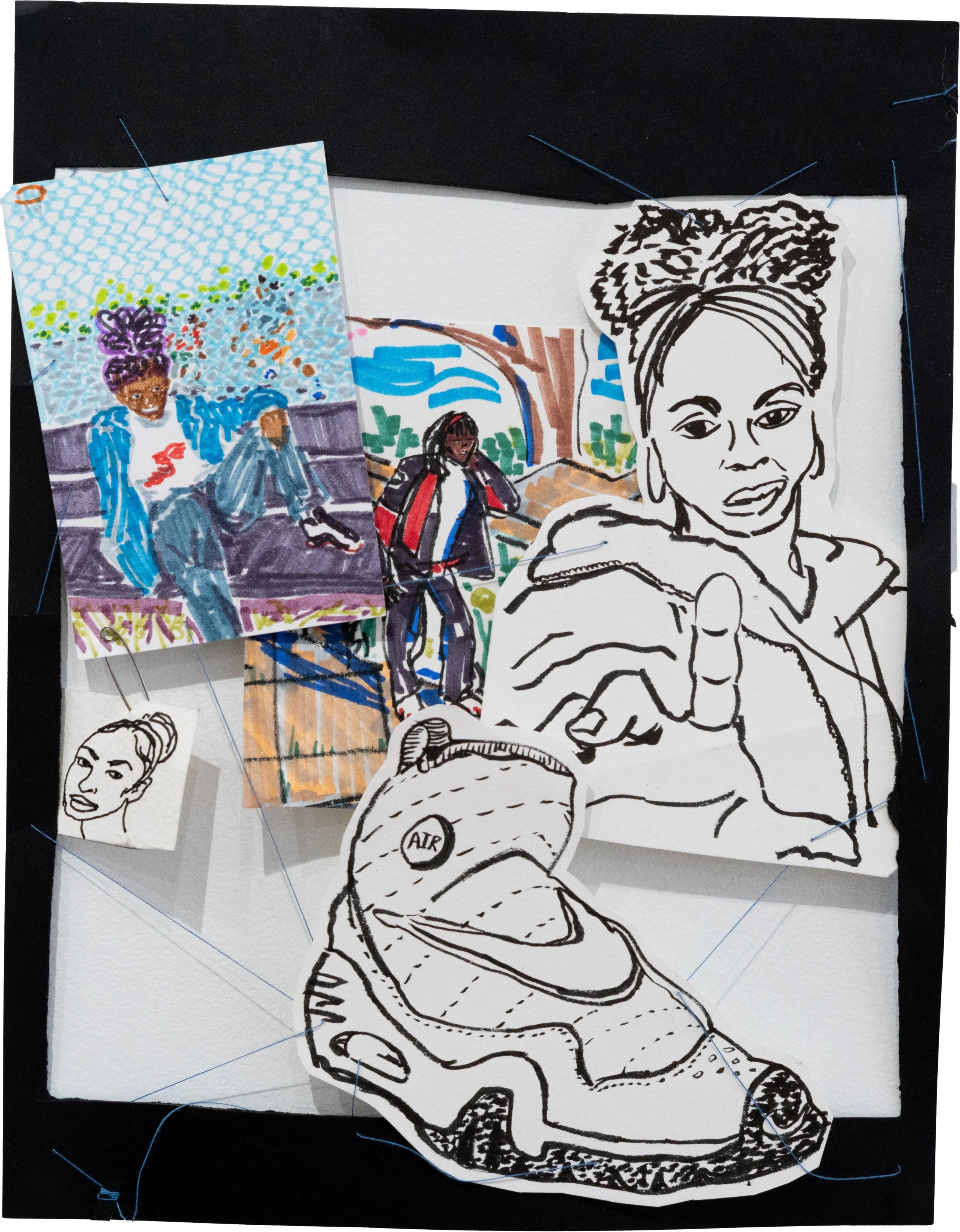 Ezekiel Robinson, Spiderlady/flygirl, 2025, ink and marker on paper, thread,  8 ½ x 11 x 1 ½ inches