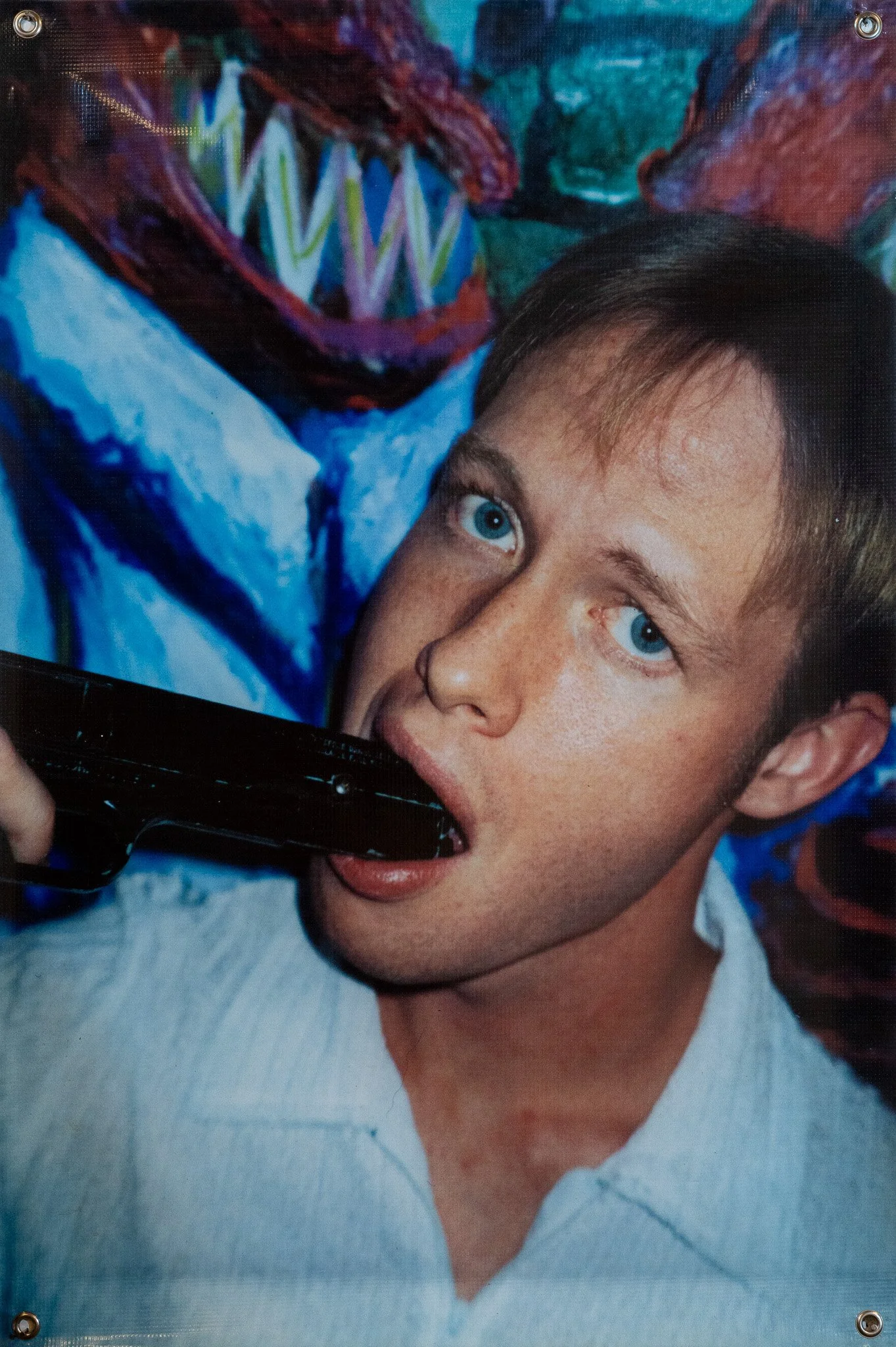 Robert Morgan, Prayer Flag (22), 2000. Vinyl Banner, Grommets, 36 x 24 inches.