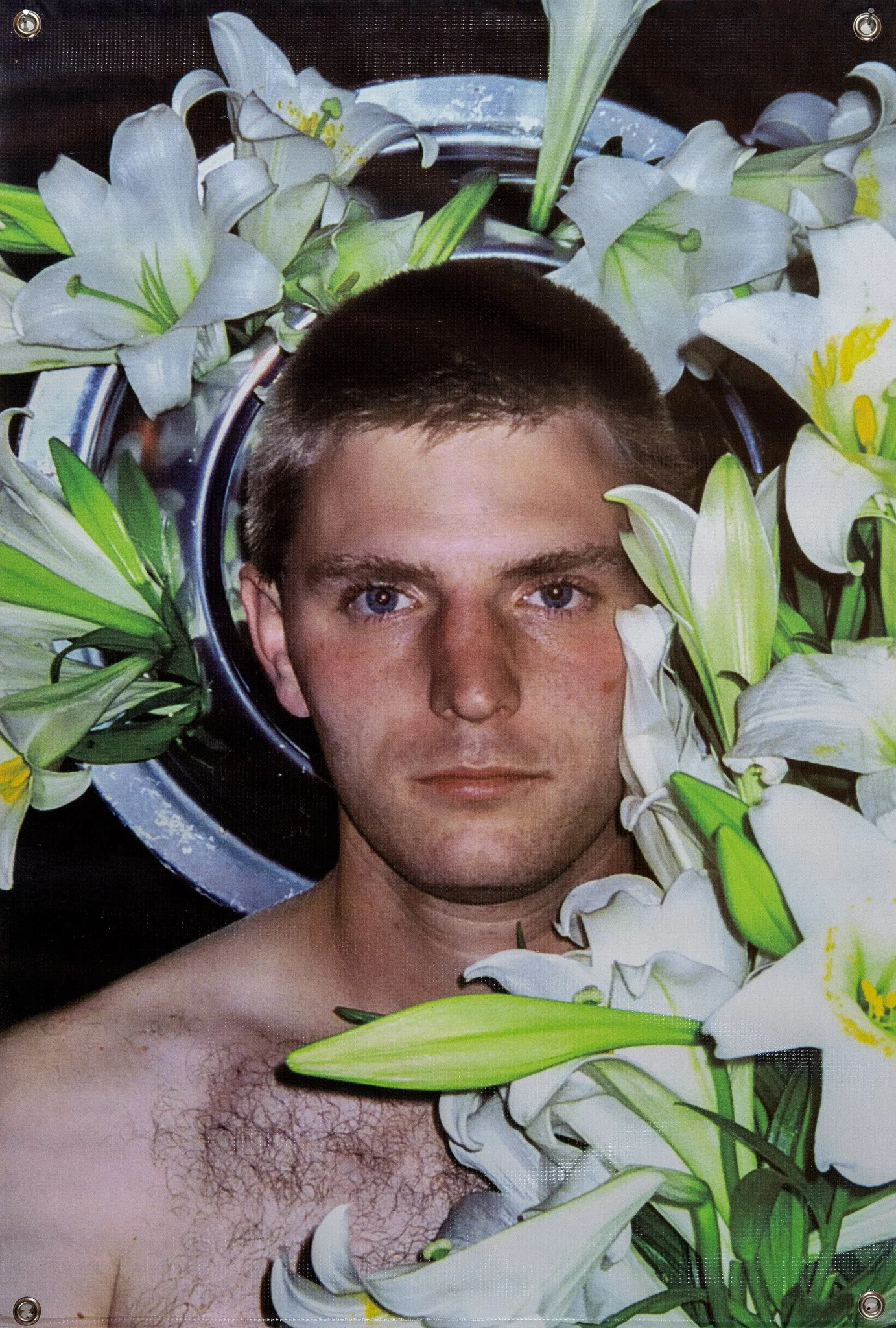 Robert Morgan, Prayer Flag (31), 2000. Vinyl Banner, Grommets, 36 x 24 inches. Courtesy 21c Museum Hotel.