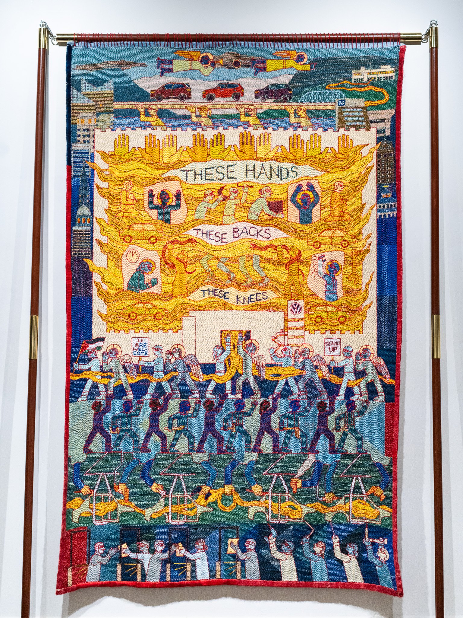 Tabitha Arnold, These Hands, 2024. Punch needle embroidered wool and cotton yarn on linen cloth, 48 x 76½ inches  .
