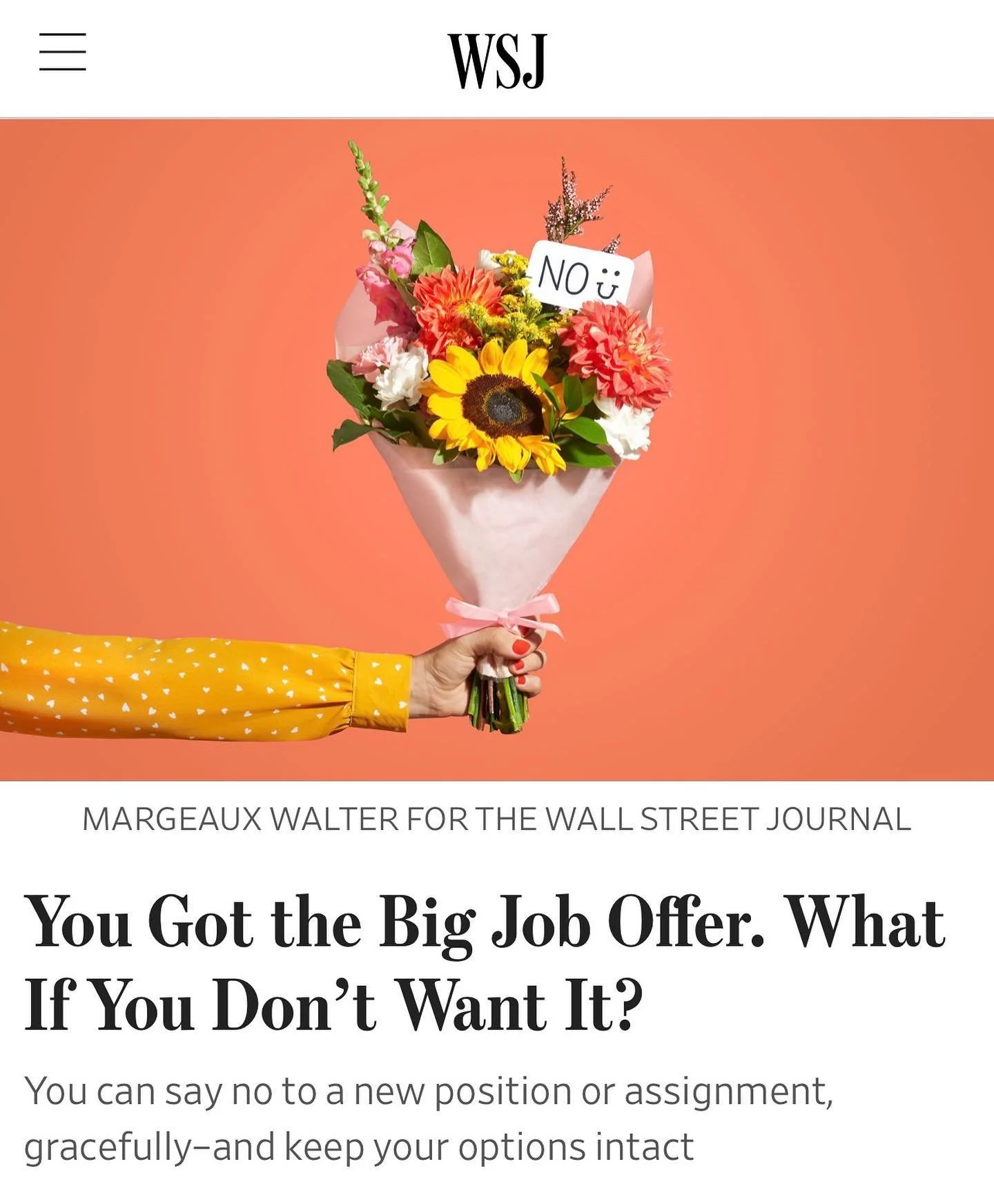 Thank you #rachelfeintzeig of @wsj for featuring me in this fantastic story about how to bow out gracefully from a "big job" offer when it no longer aligns.

After years of burnout, this year I decided to prioritize my mental health over ta