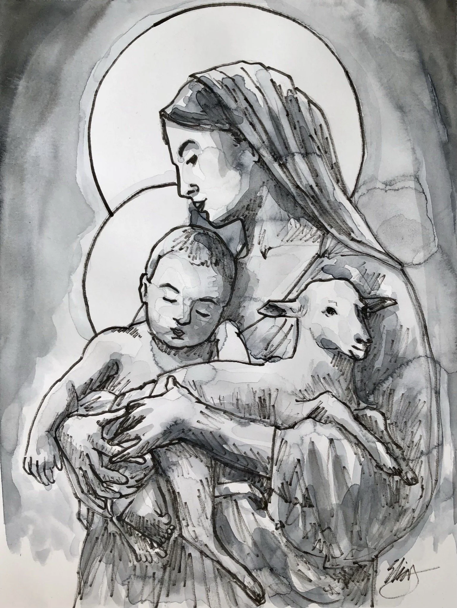 Mary, Lamb, & Jesus Art Print