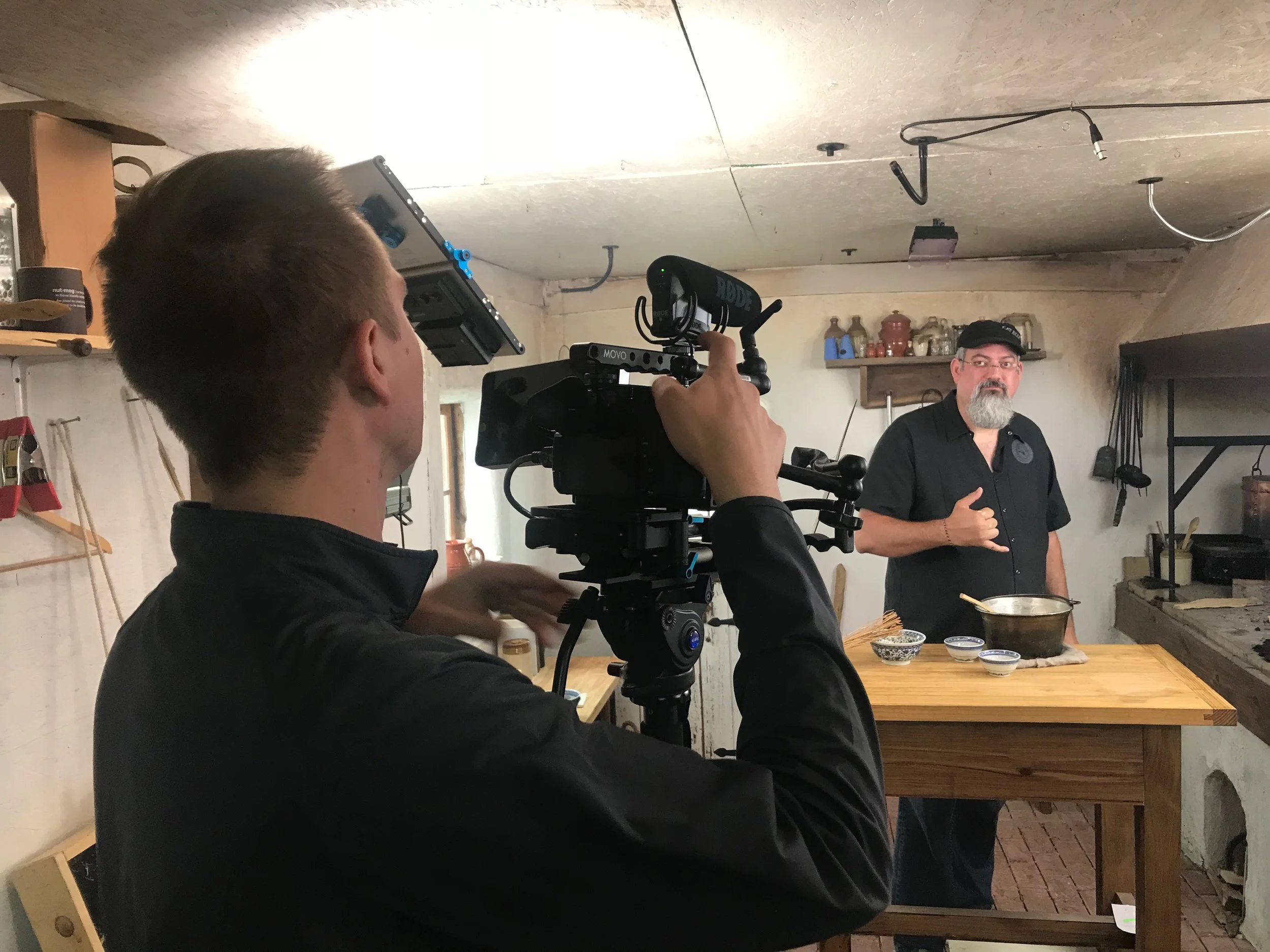 Chef Sean Z. Paxton in between takes and tastes while on location in Indiana.
