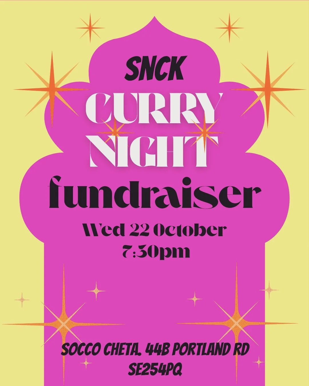 Don't miss our curry night on Wednesday 22nd October! SNCK chefs Anne and Fred are co-running this fundraiser here at the SNCK caff with special guest chef Nisha. 

They'll be serving an amazing four-course dinner of Indian-inspired food - expect del