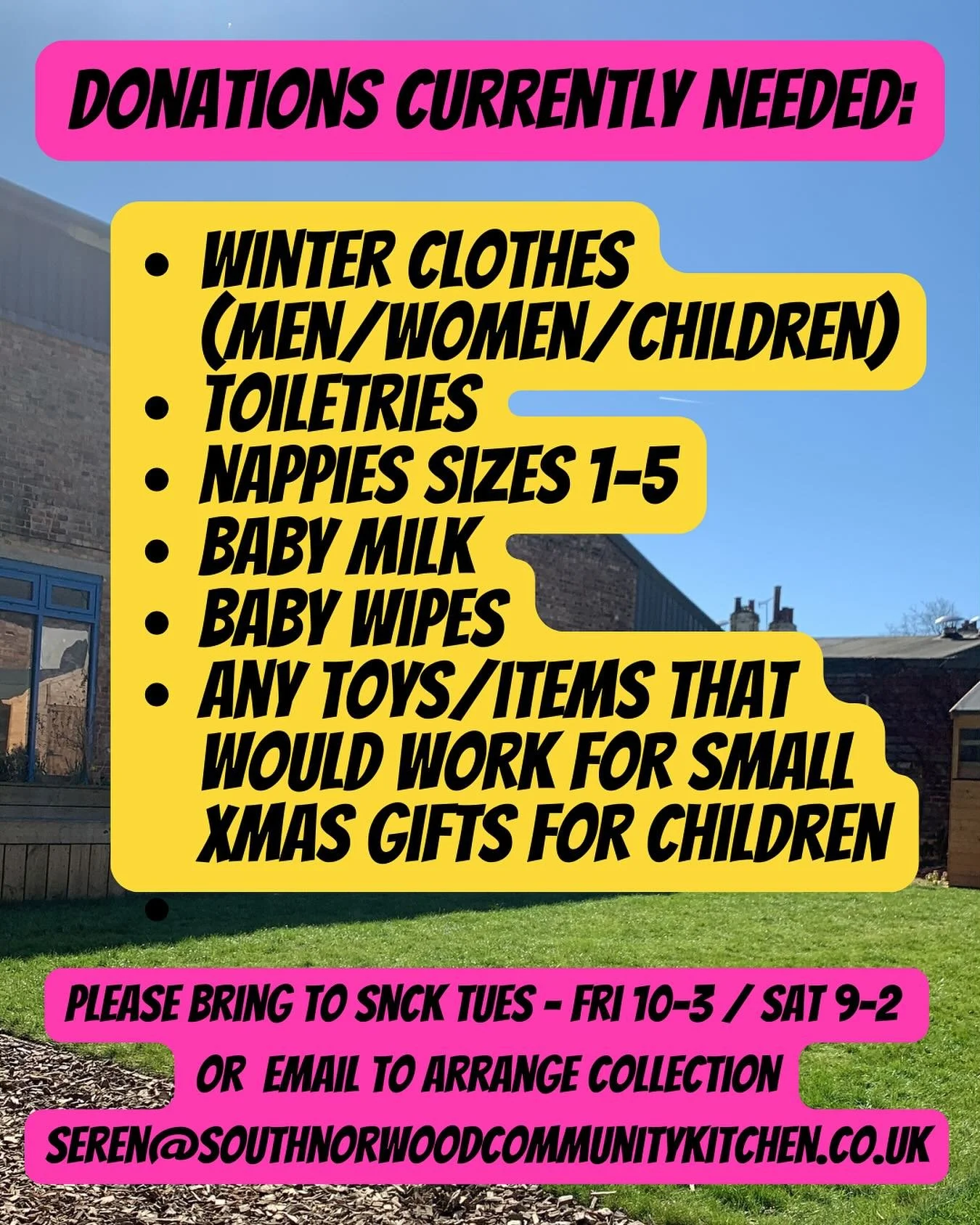⭐️ DONATIONS CALLOUT 🗣️

- Winter clothes (men/women/children)
- Toiletries
- Nappies sizes 1-5
- Baby milk
- Baby wipes
- Any toys/items that would work for small xmas gifts for children

Please bring to SNCK Tues - Fri 10-3 / Sat 9-2 
or email to 