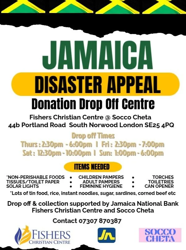 JAMAICA DISASTER APPEAL📢

Donation drop off centre @ Socco Cheta 

Drop off your donations of non perishable foods, children's pampers, torchers, tissues/toilet paper, adult pampers, toiletries, solar lights, feminine hygiene, can openers 

DROP OFF