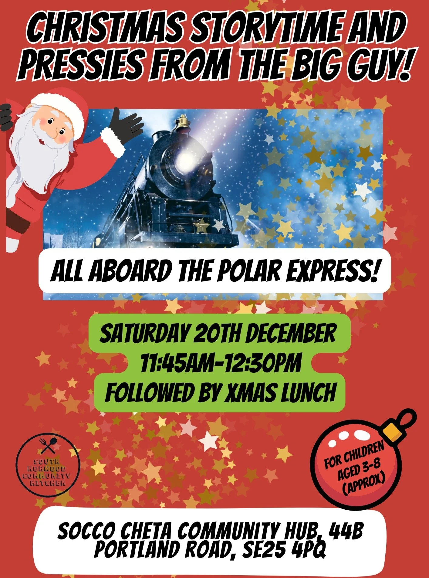 ALL KIDS WELCOME! 

Come down for some Christmassy storytelling and a very special visit from the big guy with gifts for everyone!

Please arrive by 11:45am for storytime and gifts followed by our Christmas lunch on our last Saturday before 25th. 

A