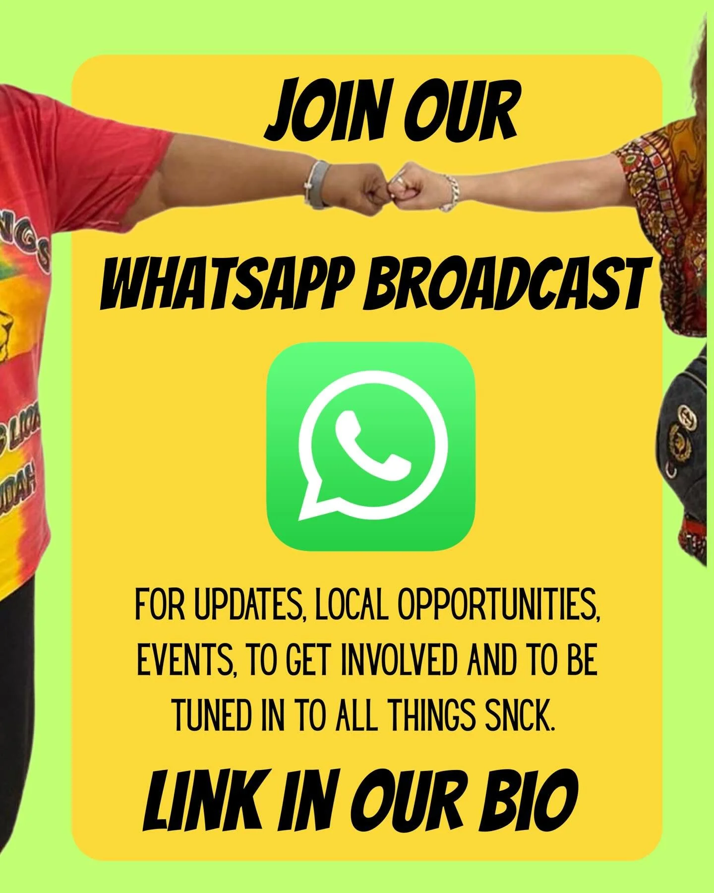 We have a new WhatsApp broadcast group! Join for updates on all things SNCK and local campaigns, opportunities and support. Link in our instagram bio!