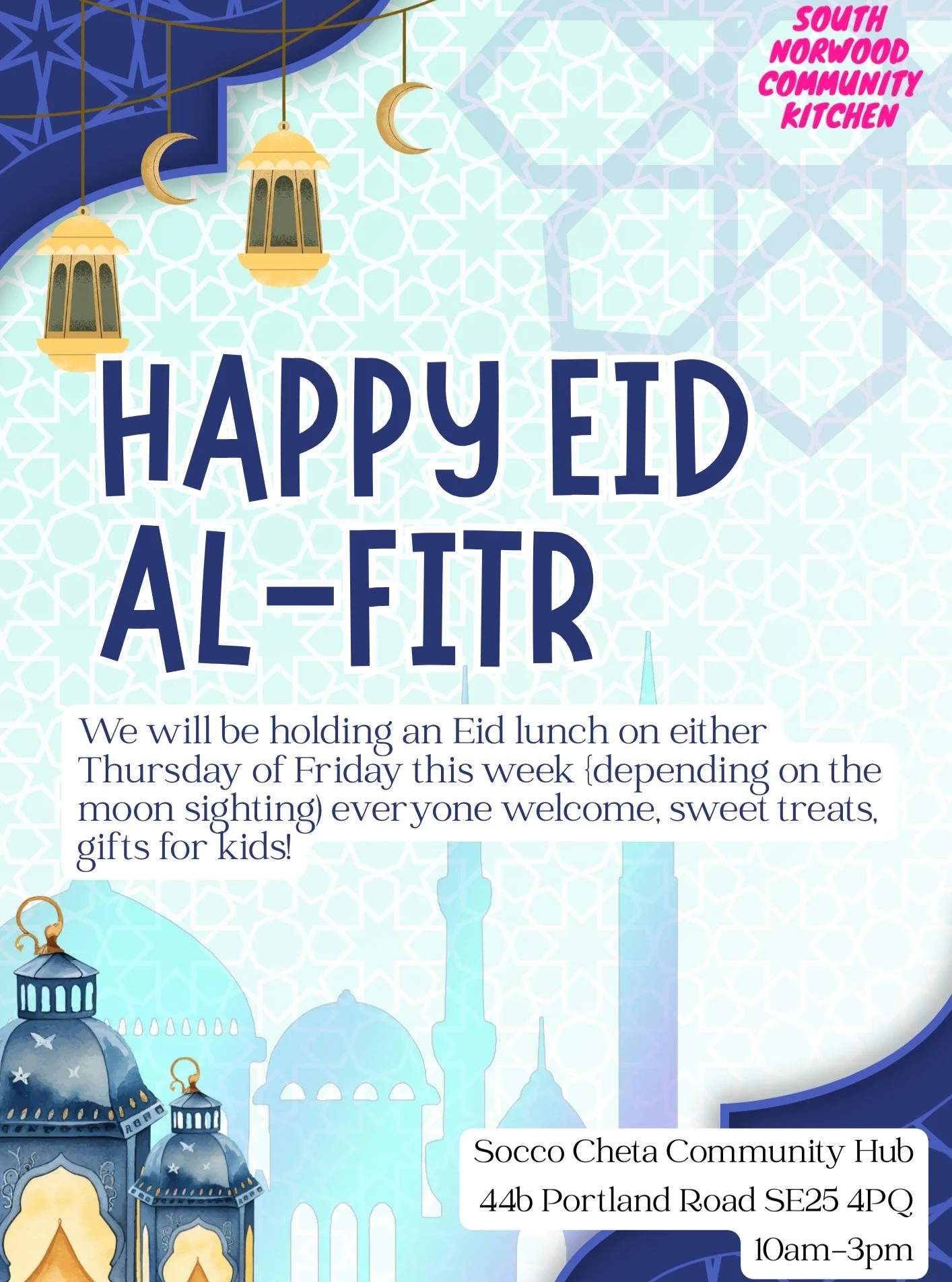The SNCK family will be celebrating Eid this week at the caff! Come through either Thursday or Friday (depending on the moon sighting) for lunch, sweet treats and gifts for children during our normal opening hours.

As always, it's all free! 

#eidmu
