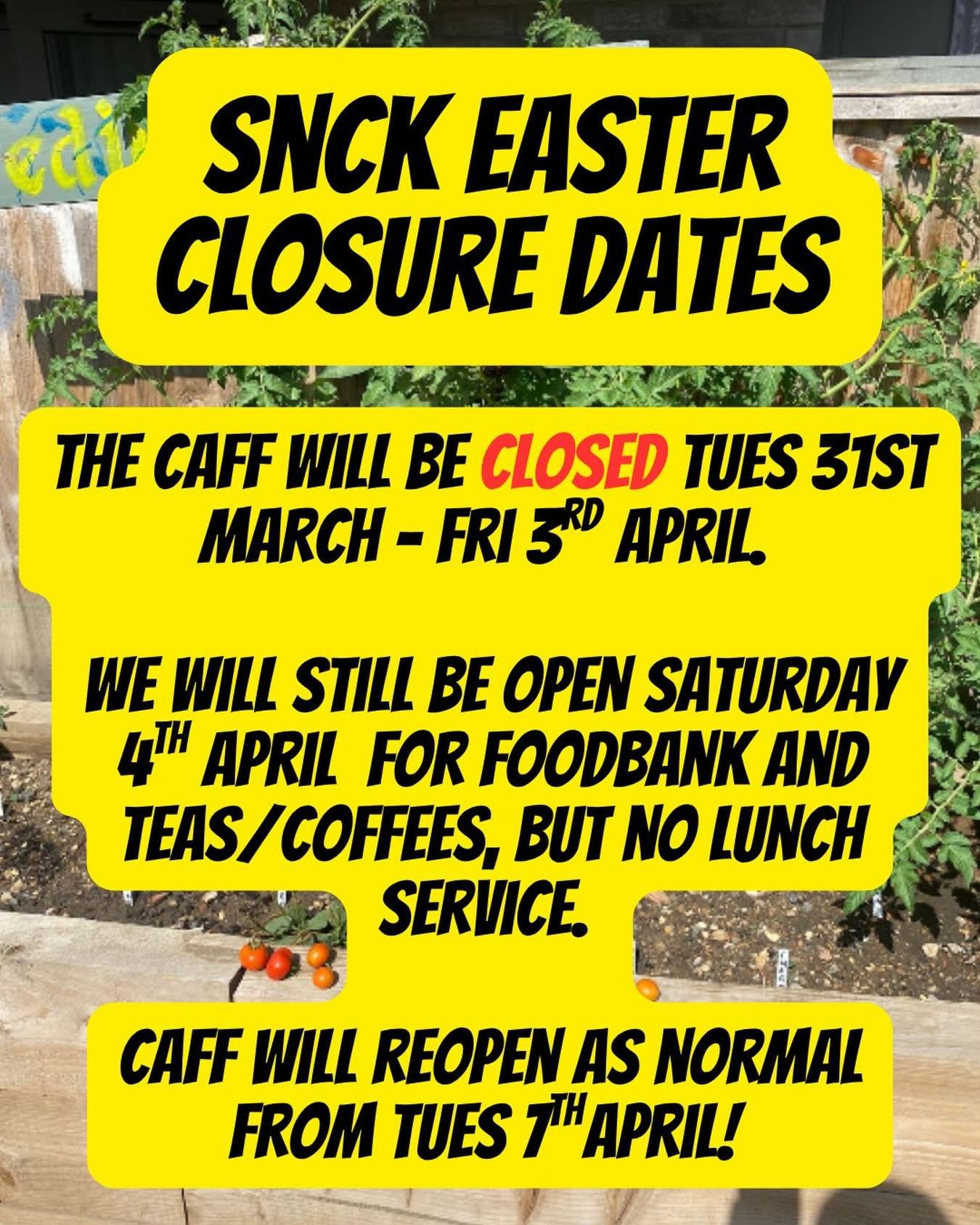 FYI: We are closed weekdays next week, and will be open on Saturday 4th April for foodbank and teas/coffees but *no lunch service*! Then we&rsquo;re open as normal from Tuesday 7th April :) 🥚