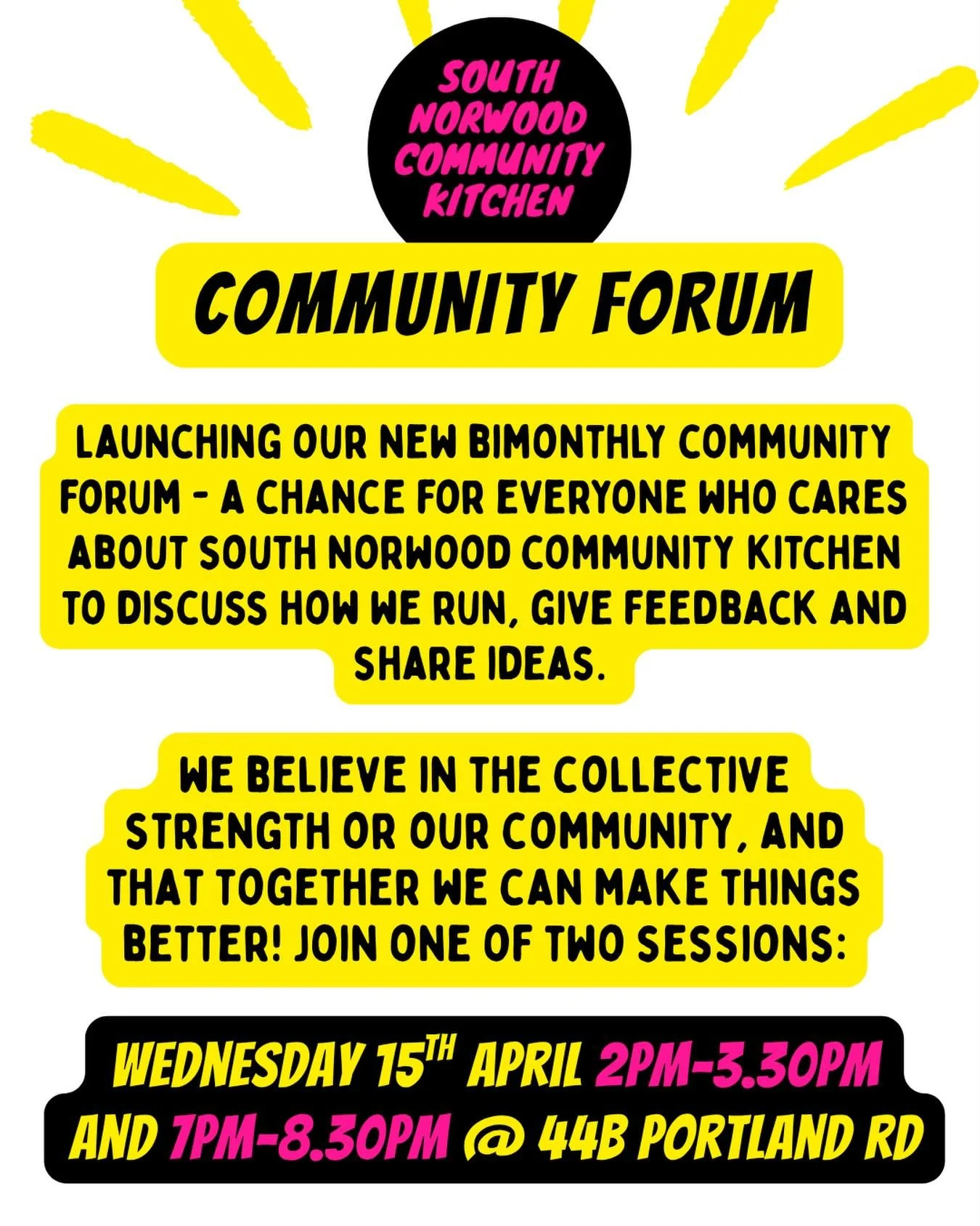 💌 OPEN INVITE 💌

Launching our new bimonthly community forum- a chance for anyone who is interested in/involved in and cares about what we do to contribute to how we run. We&rsquo;ll be running two sessions- one in the afternoon, one in the evening