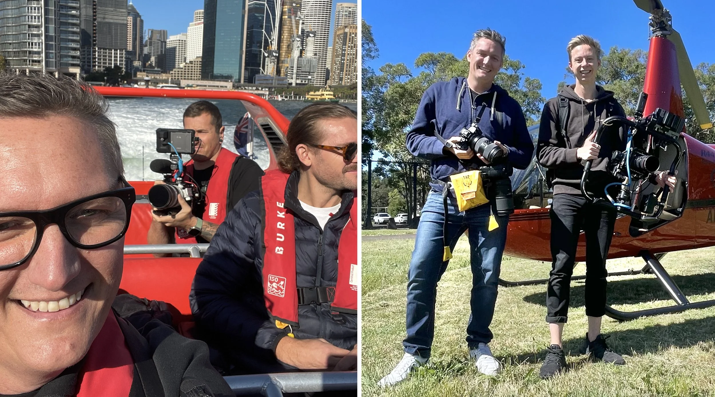 Depicts a videographer and photographer on a speedboat in Sydney harbour, and posing in front of a helicopter on a sunny day