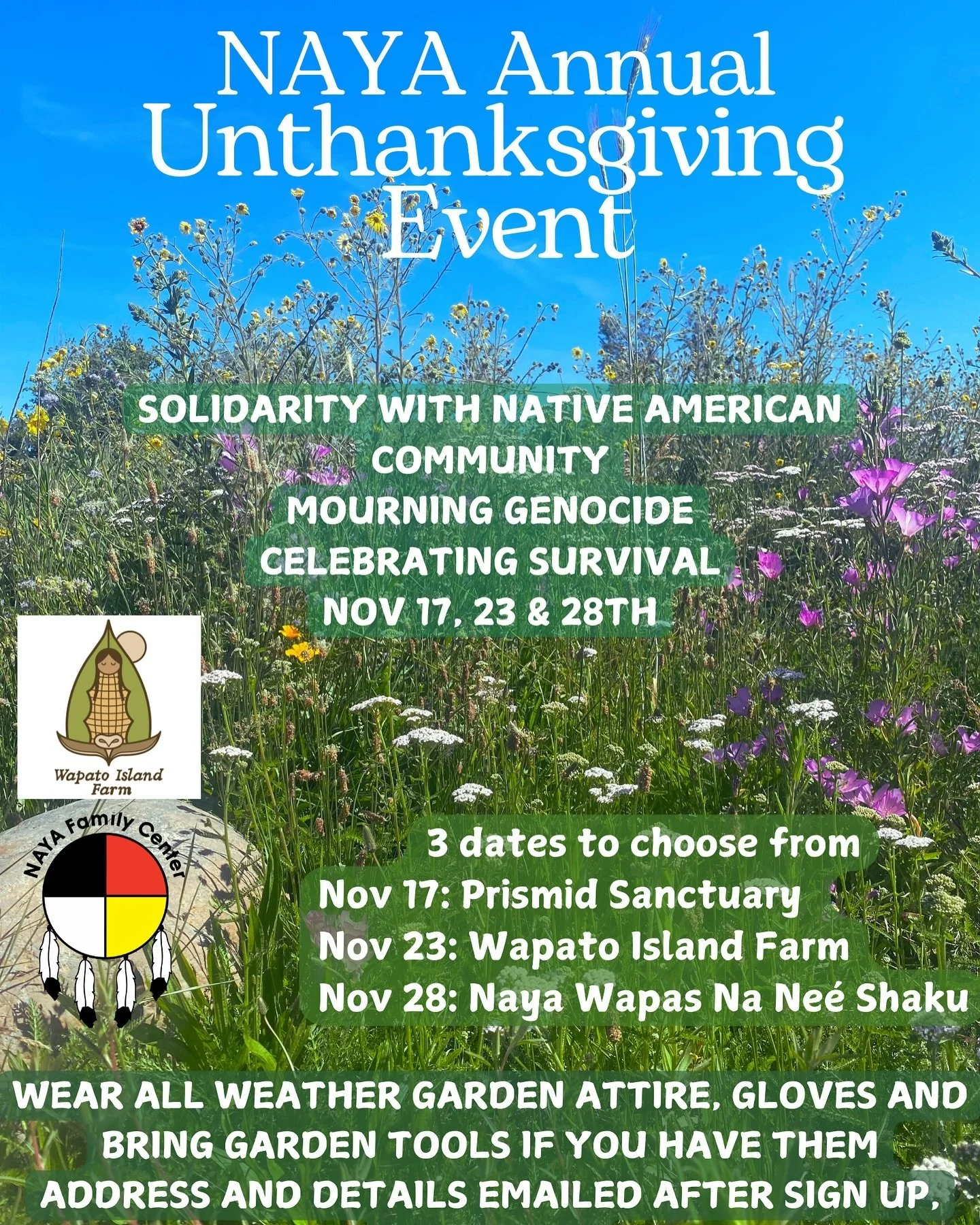 Un-Thanksgiving is a wonderful opportunity to stand in solidarity with the Portland Native community.
Join us from 10 a.m. - 2 p.m. for a day of volunteering in the NAYA Garden - Wapas Nah N&eacute;e Shaku (&ldquo;Holding the Basket&rdquo; in old Was