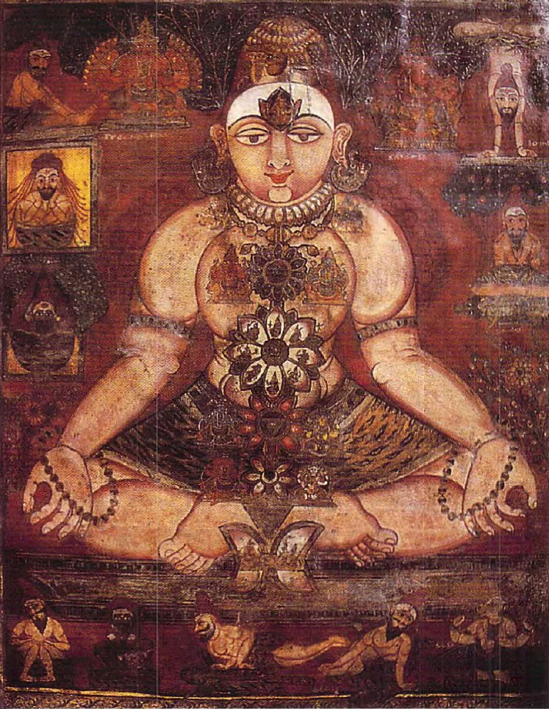 Painting of a large, seated Hindu goddess with jewelry, surrounded by smaller deities and figures.