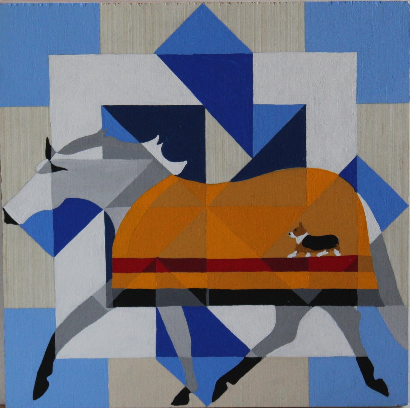 WINTER CORGI BARN QUILT. 12 x 12” acrylic on wood. Wrapped canvas available.