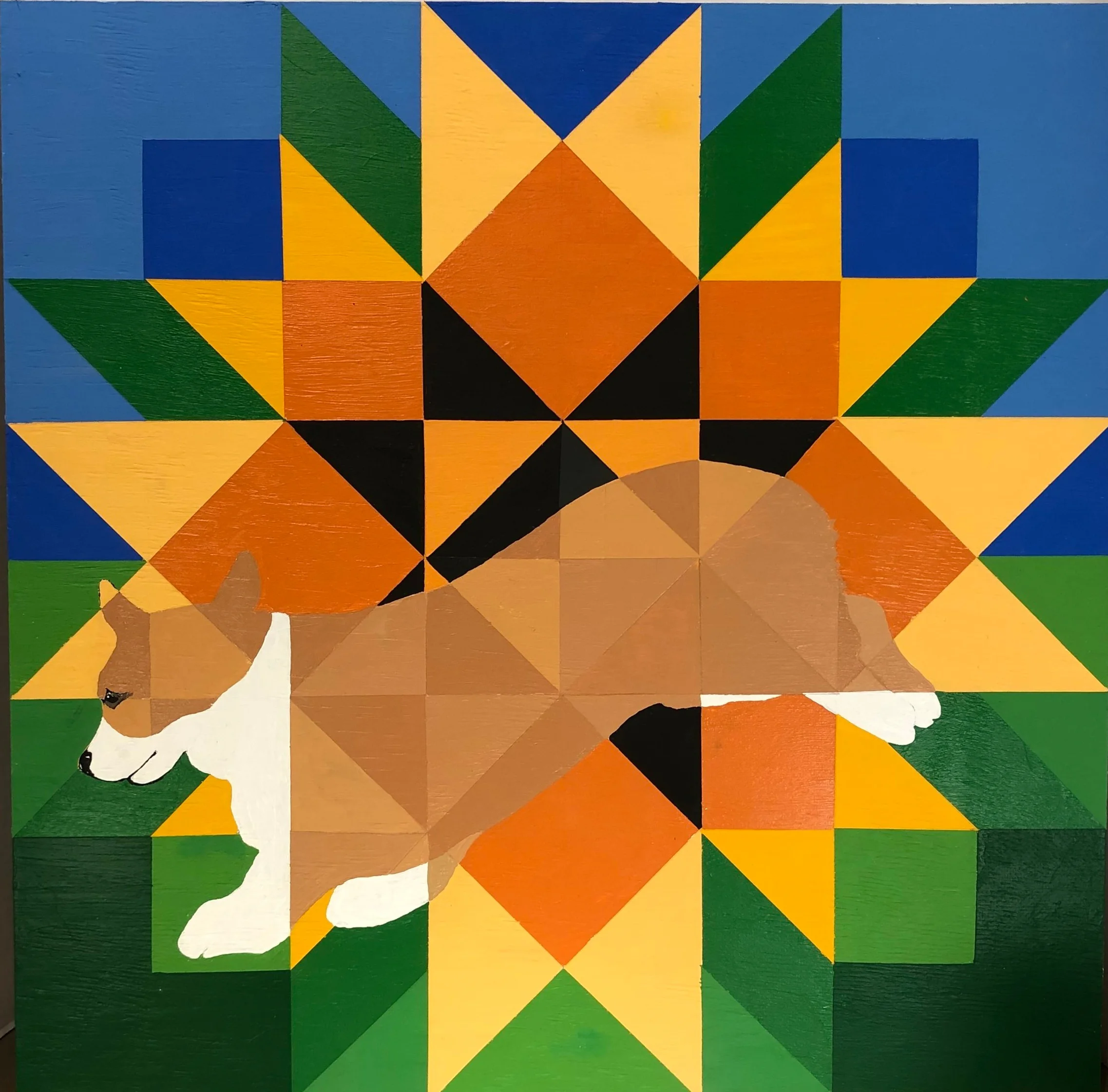 SUMMER CORGI BARN QUILT. Acrylic on wood. 24 x 24” . All barn quilts are varnished and weather proofed. But they still wont last forever outdoors. $150