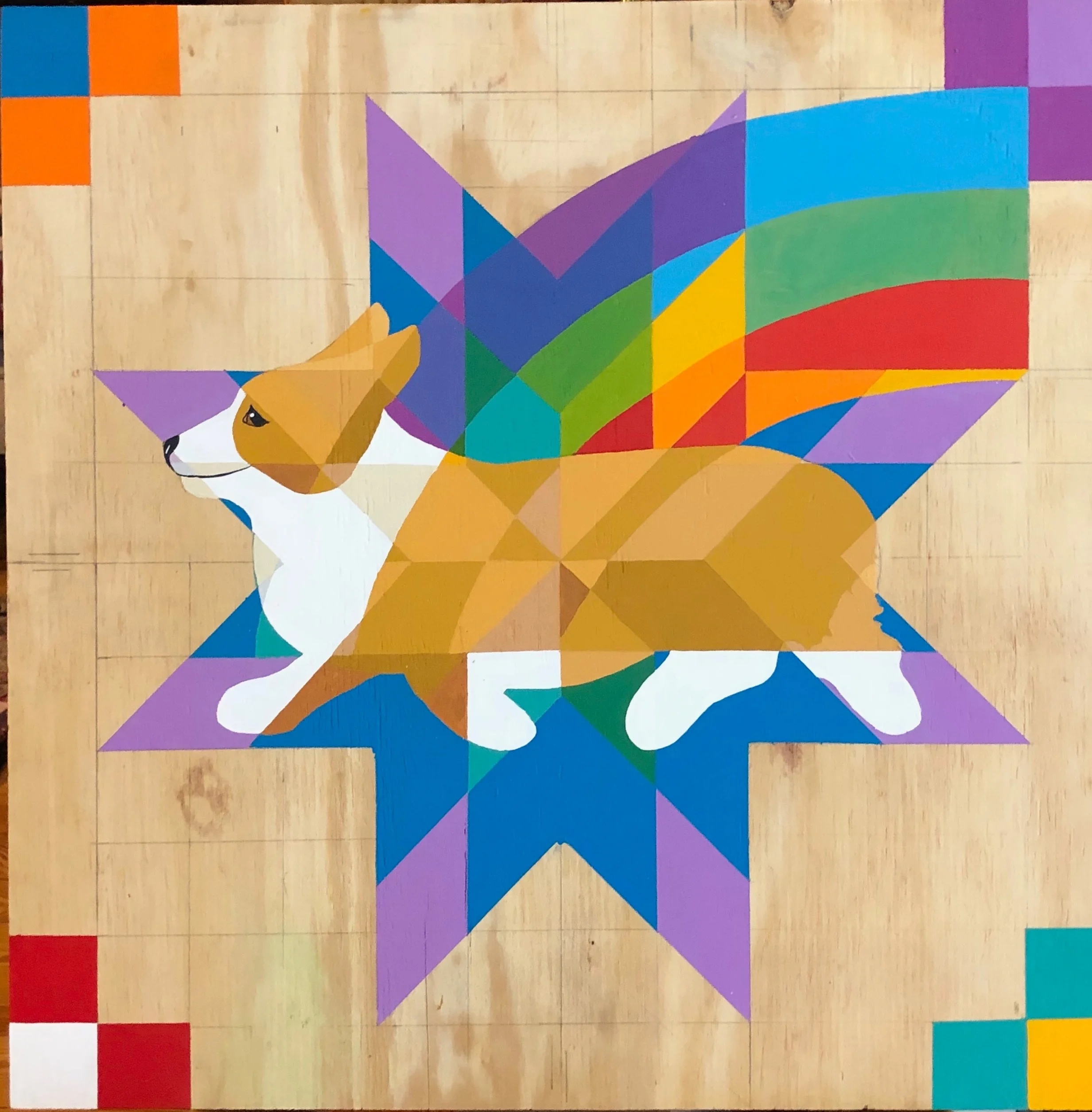 CORGIPRIDE BARN QUILT. 24 x 24” Acrylic on wood. This will be varnished and weatherproof. $125