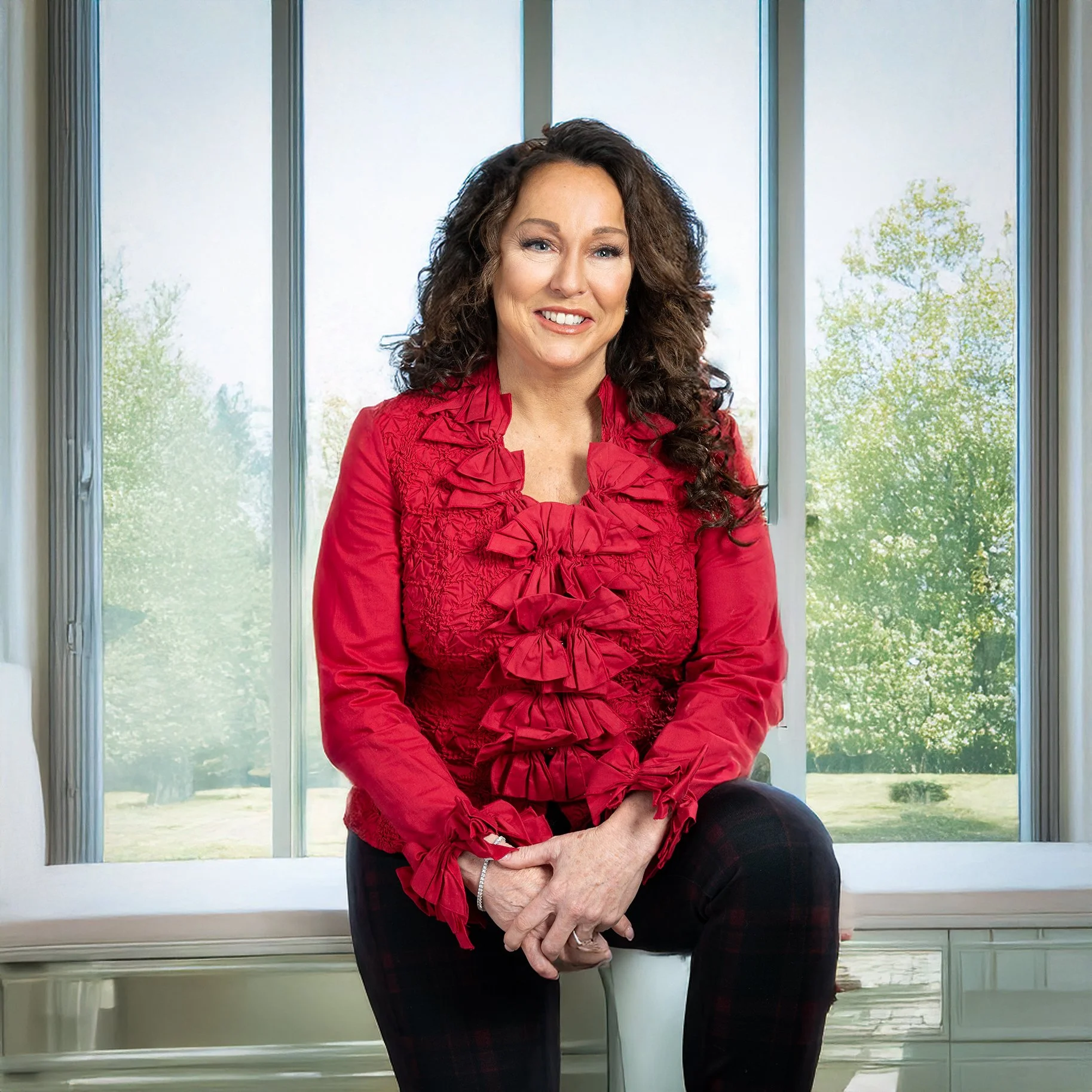 woman in business casual confidently sitting