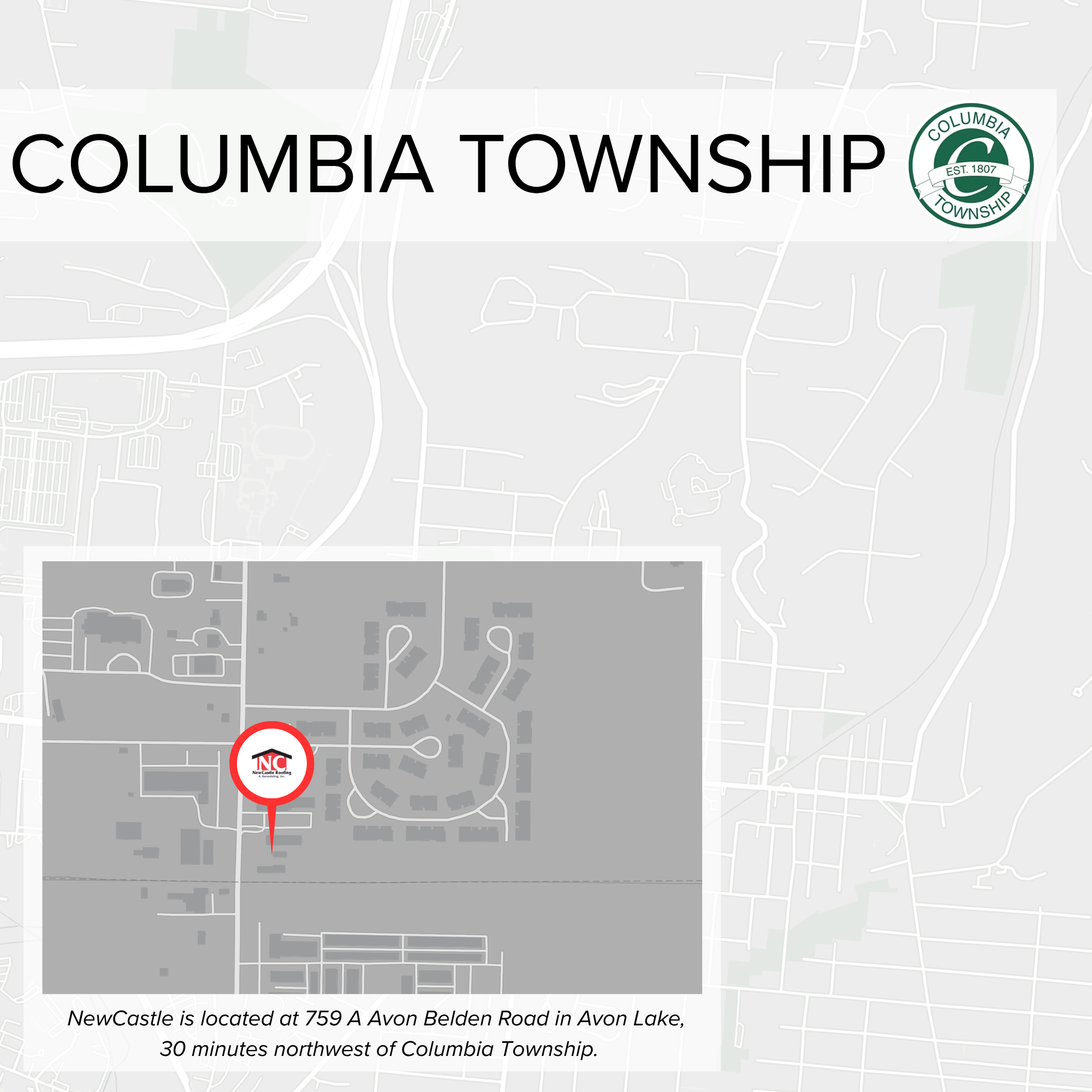 Map of Columbia Township with location marker for NewCastle at 759 A Avon Belden Road in Avon Lake, Ohio.