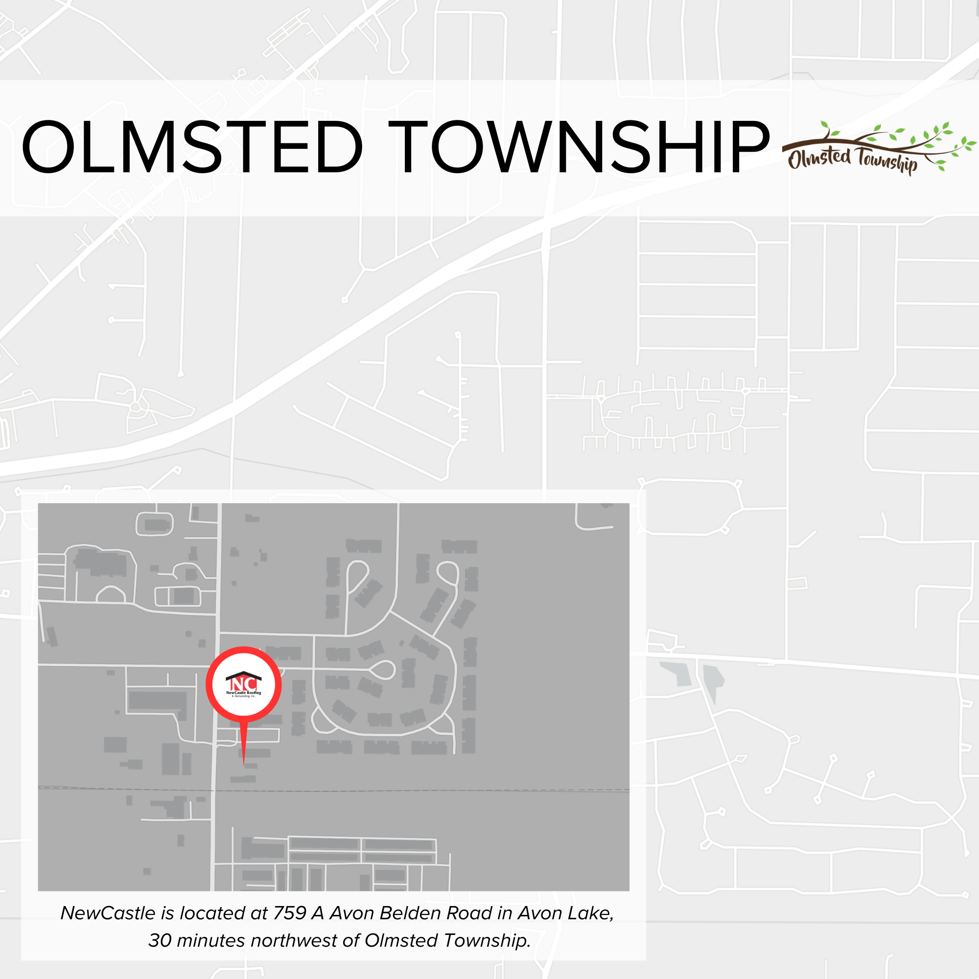 Map showing the location of NewCastle at 759 A Avon Belden Road in Avon Lake, approximately 30 minutes northwest of Olmsted Township.