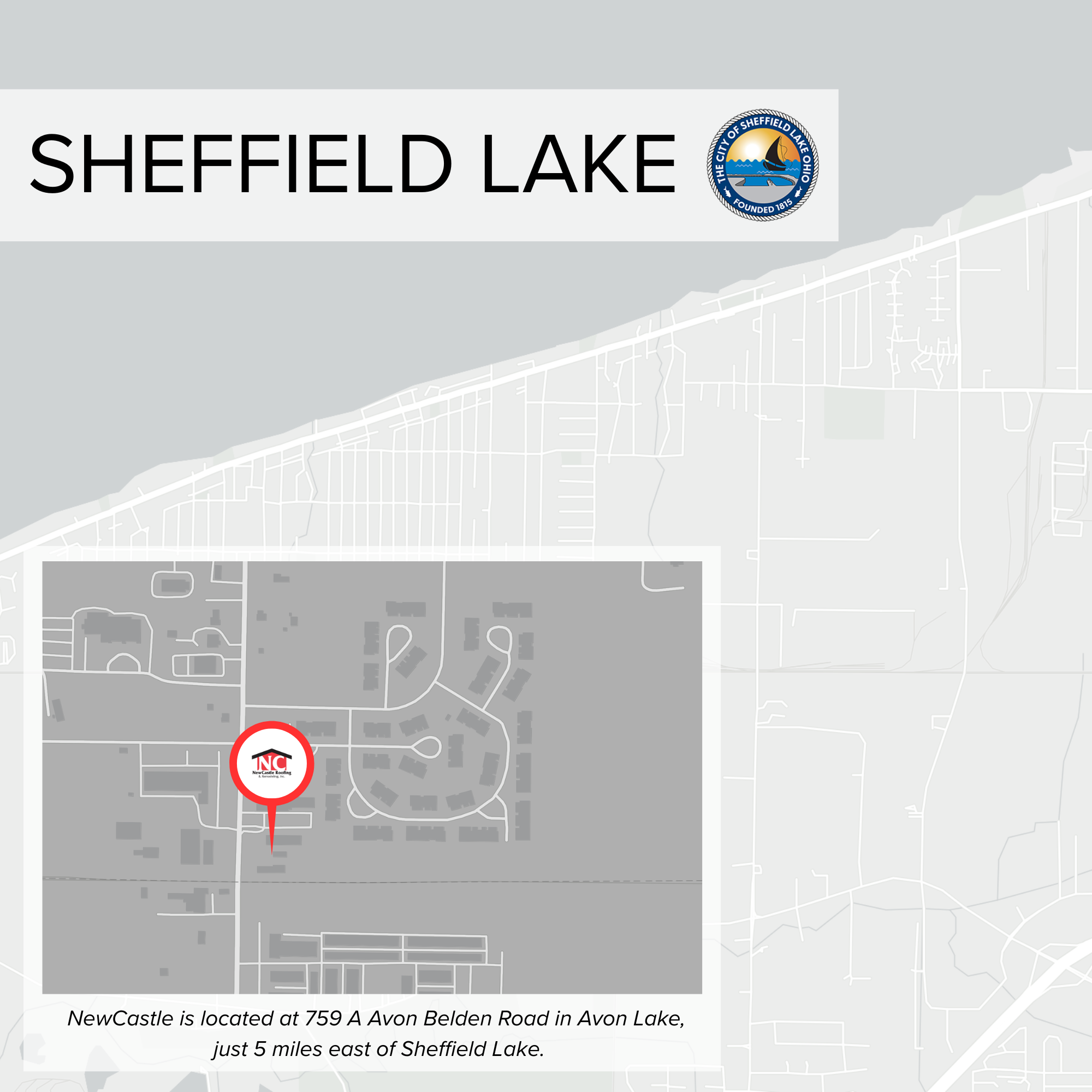 Map showing the location of NewCastle at 759 A Avon Belden Road in Avon Lake, Ohio, near Sheffield Lake, with a highlighted marker and a city seal of Sheffield Lake in the upper right corner.