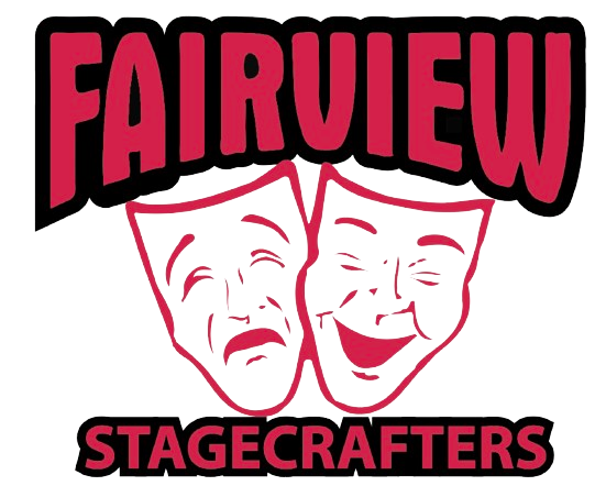 Logo for Fairview Stagecrafters featuring two theatrical masks, one smiling and one frowning, with the words 'FAIRVIEW' above and 'STAGECRAFTERS' below in bold red and black text.