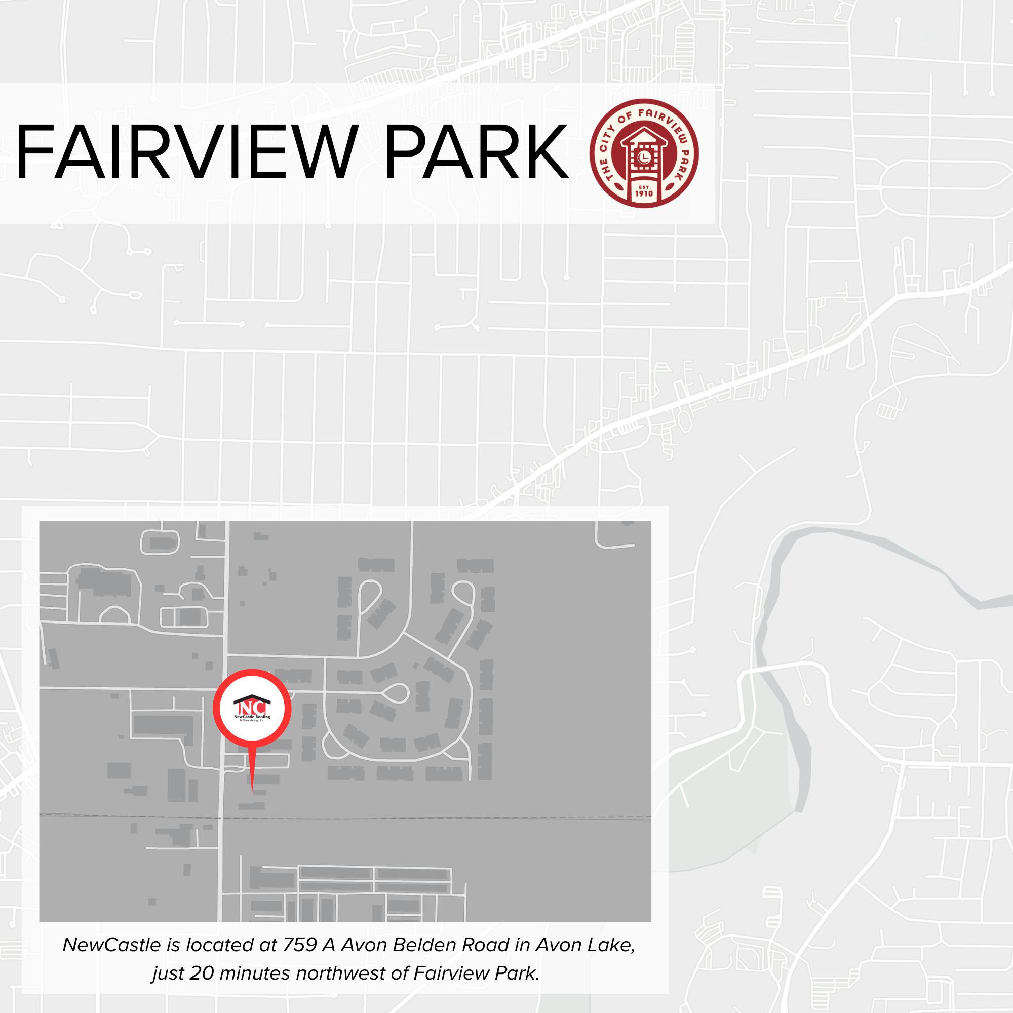 Map showing the location of Newcastle Roofing on Avon Belden Road near Fairview Park in Avon Lake, Ohio.