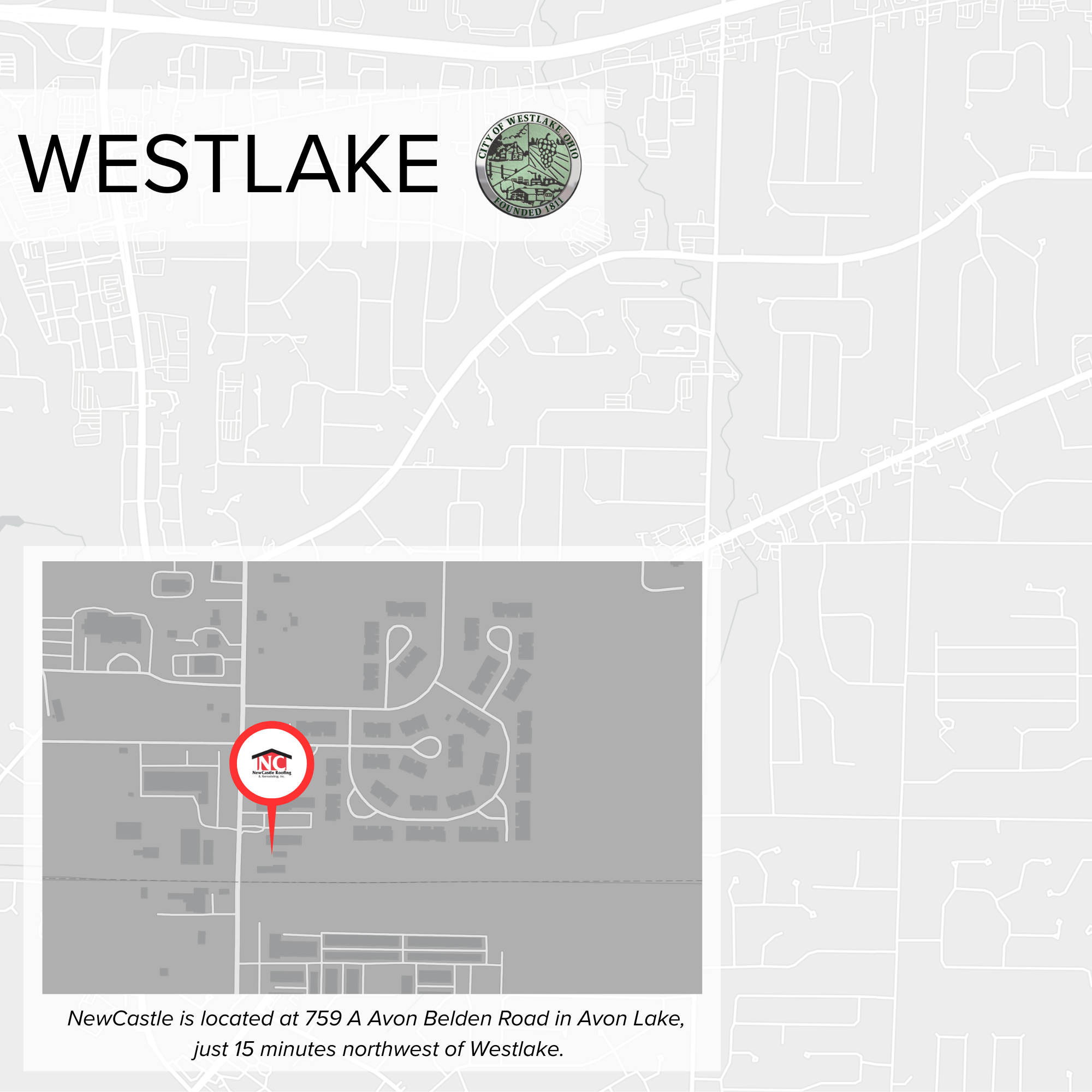 Map showing the location of NewCastle at 759 A Avon Belden Road in Avon Lake, Ohio. The map highlights the area with roads and nearby streets, including Westlake. There is a marker with the NC logo indicating the business's location.