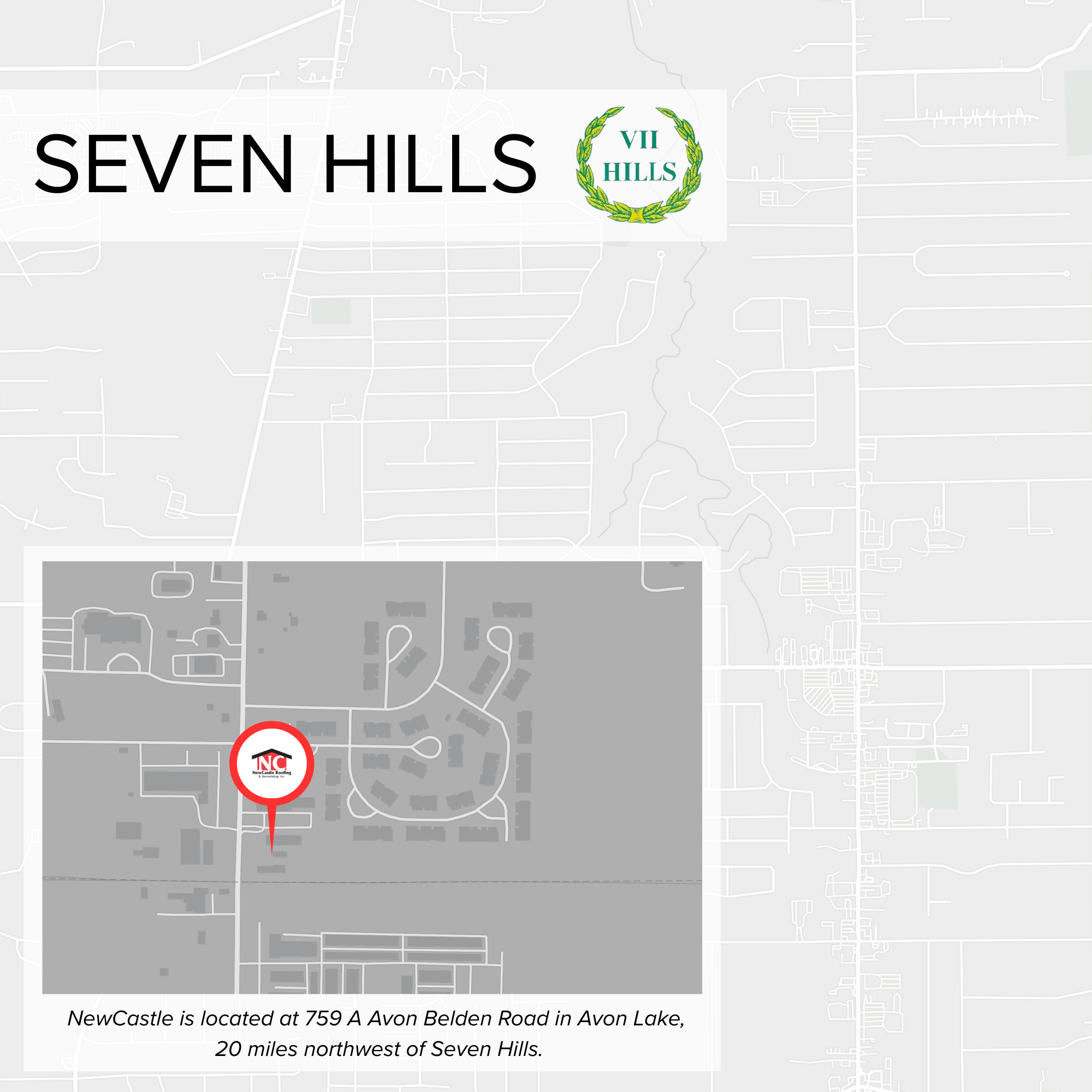 Map showing a location in Avon Lake with a red marker indicating NewCastle Roofing and Remodeling, located at 759 A Avon Belden Road.