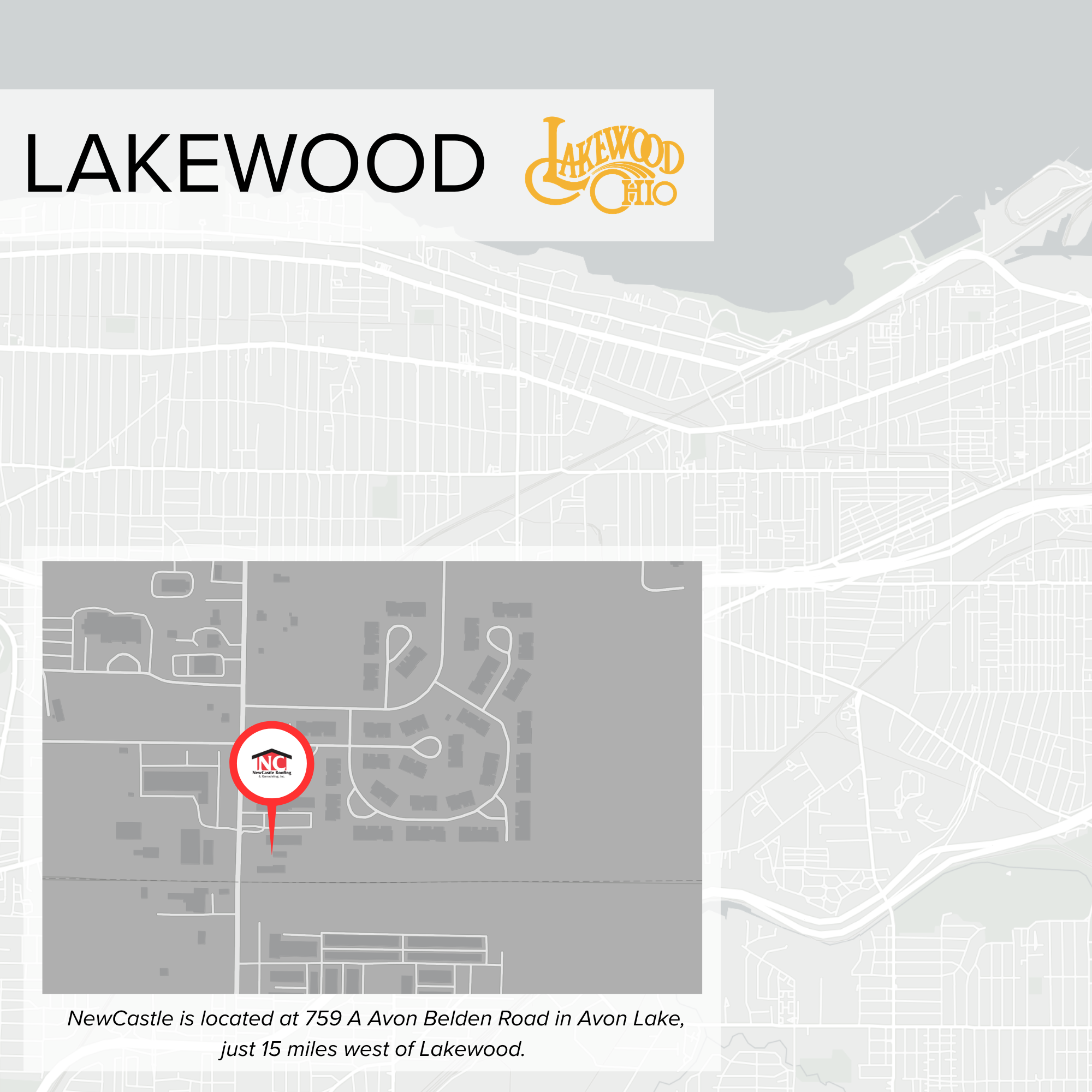 Map showing the location of NewCastle at 759 A Avon Belden Road in Avon Lake, Ohio, near Lakewood, with a red marker indicating the address and surrounding streets.