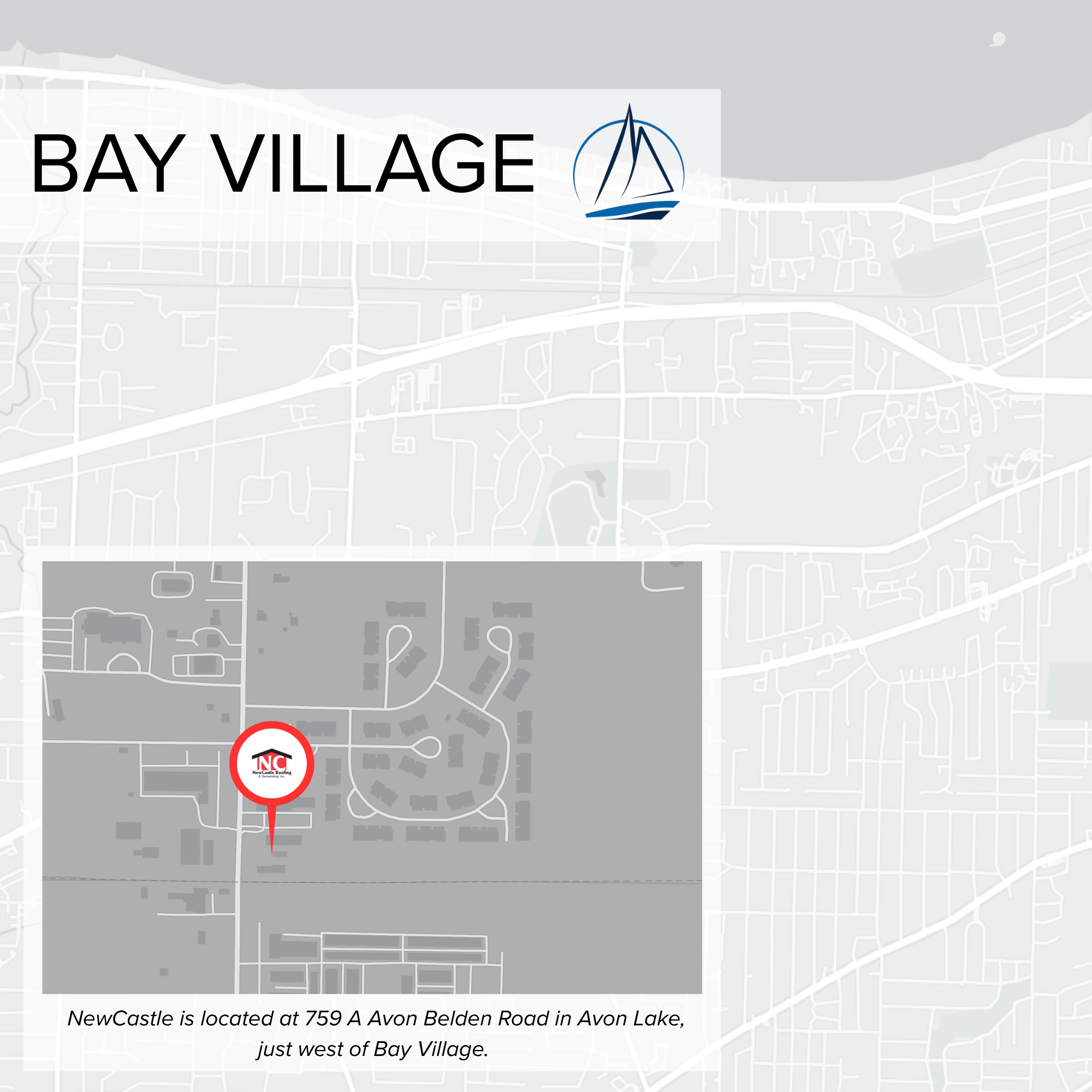 Map with location marker indicating NewCastle at 759 A Avon Belden Road in Avon Lake, near Bay Village.