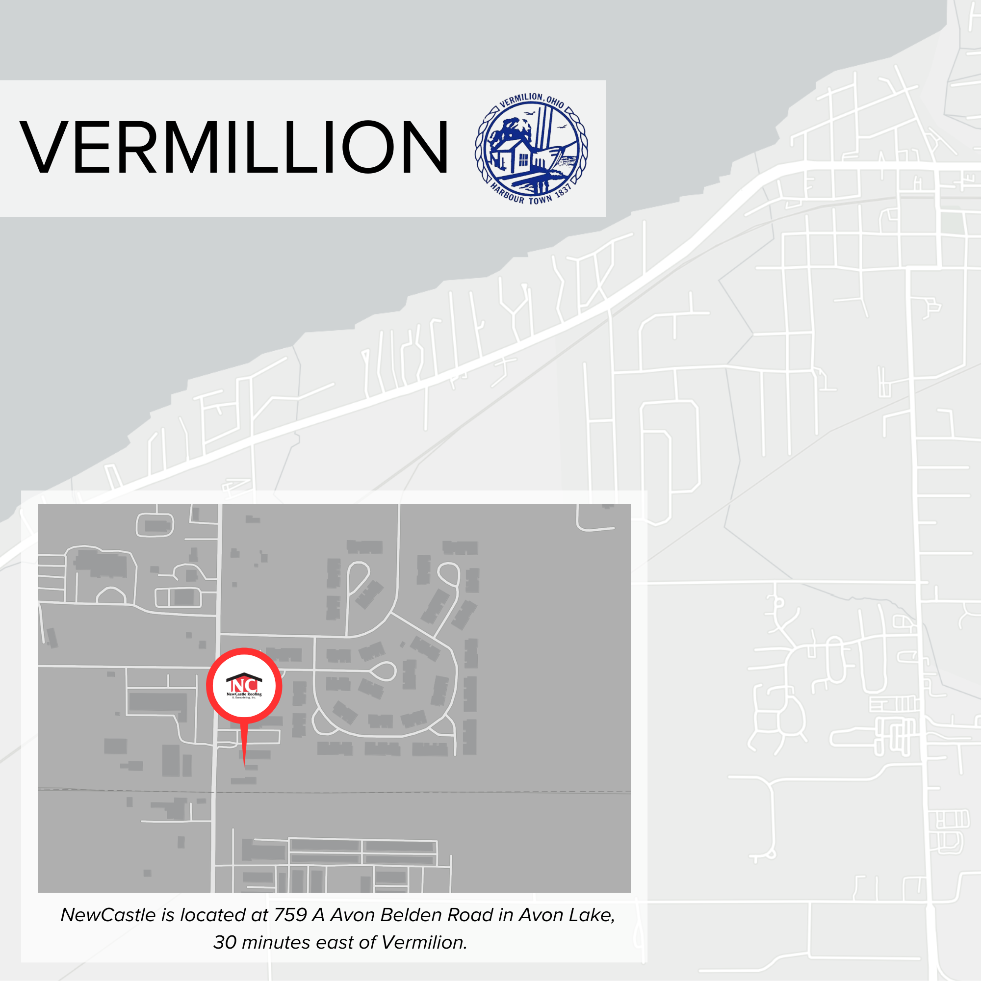 Map showing the location of NewCastle at 759 A Avon Belden Road in Avon Lake, east of Vermilion, Ohio.