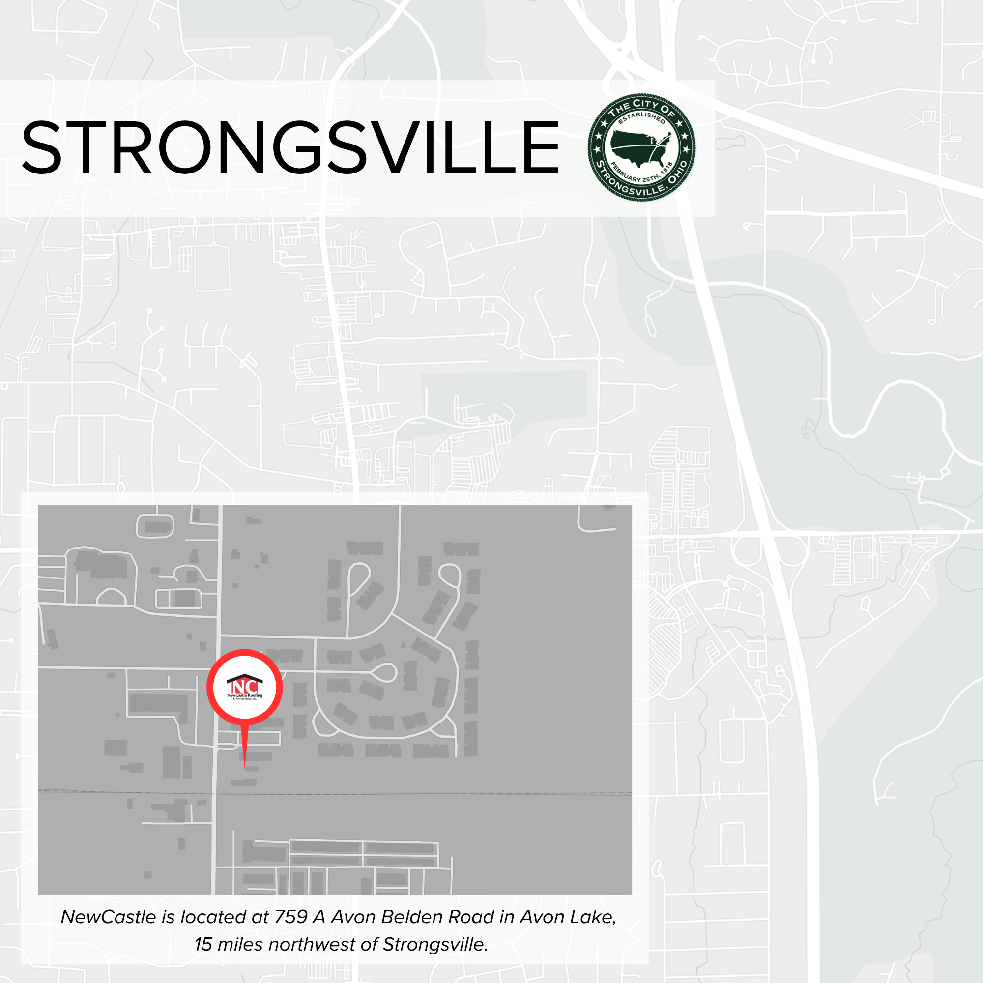 Map showing the location of NewCastle at 759 A Avon Belden Road in Avon Lake, Ohio, northwest of Strongsville, with a red marker indicating the specific site.
