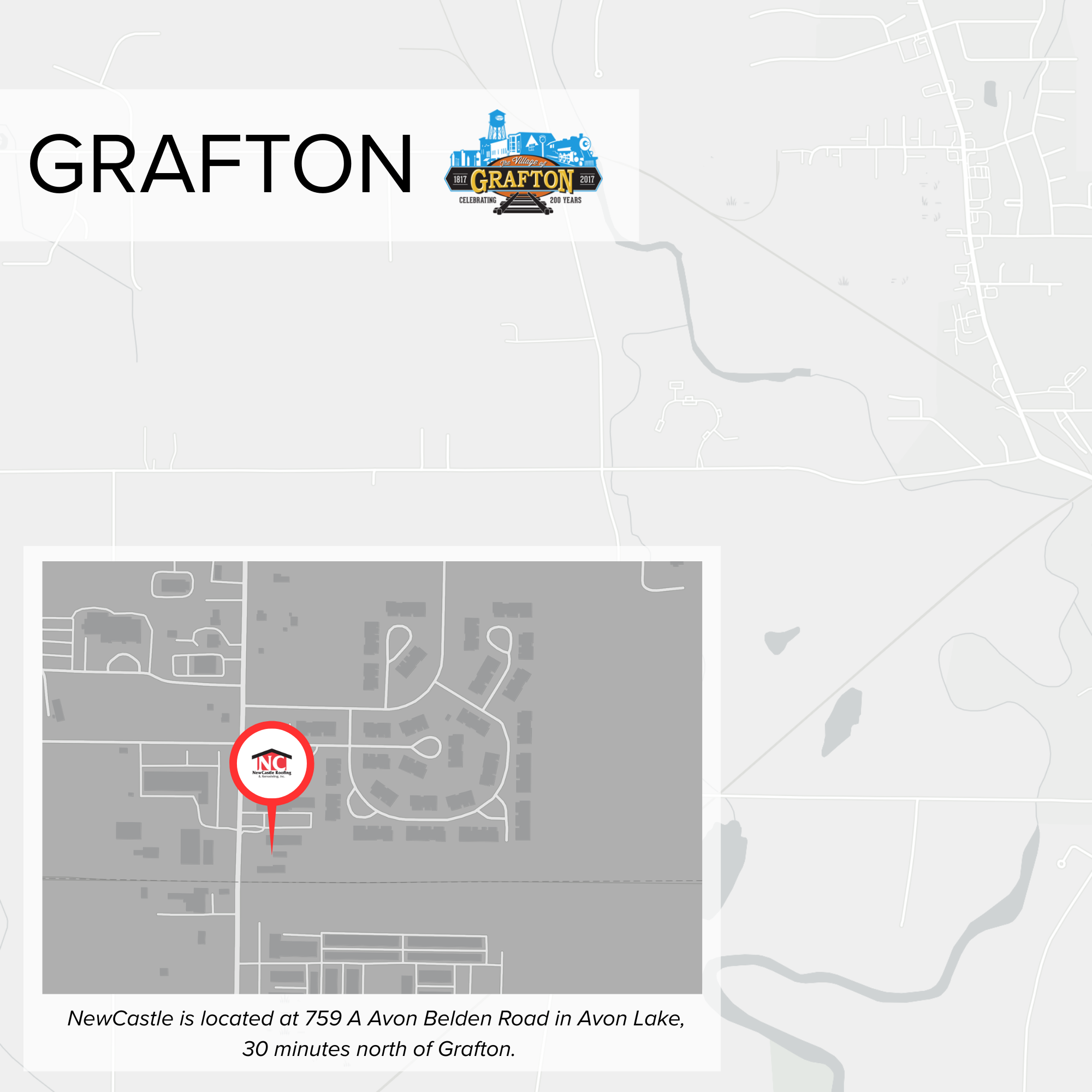 Map showing location of NewCastle at 759 A Avon Belden Road in Avon Lake, with a marker labeled N C and a description stating it is 30 minutes north of Grafton.