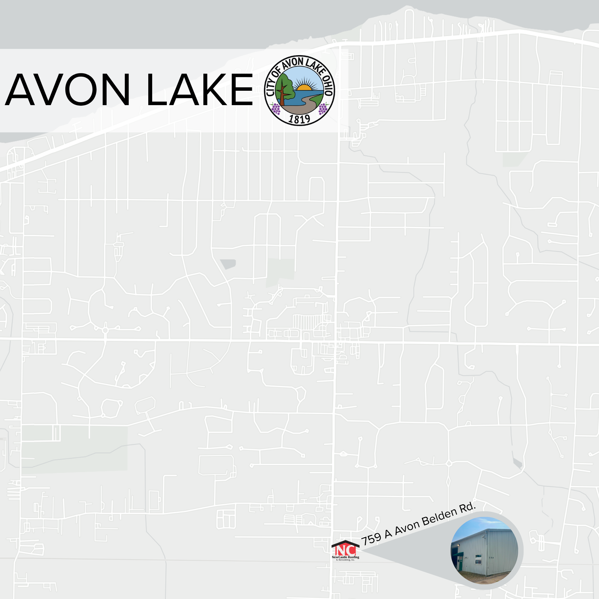 Map of Avon Lake, Ohio, with a focus on the city seal and local businesses including a roofing company, featuring street details and a partial image of a building.