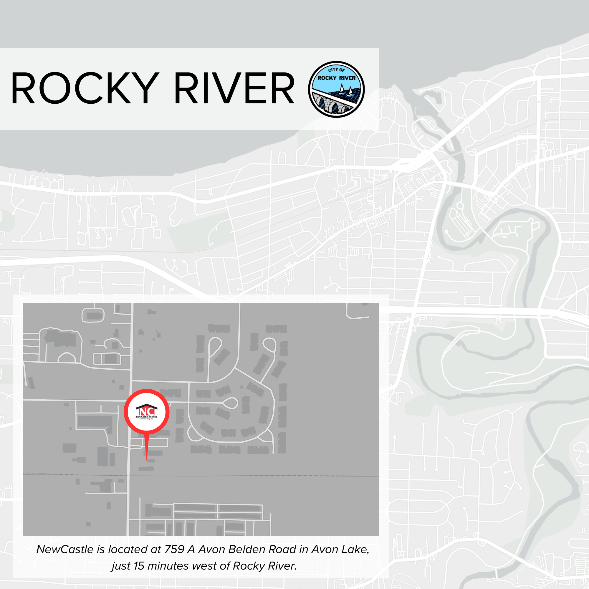 Map with a highlighted location marked by a red pin, and a logo for NC NewCastle Roofing. Text at the bottom indicates the location is 759 A Avon Belden Road in Avon Lake, near Rocky River.